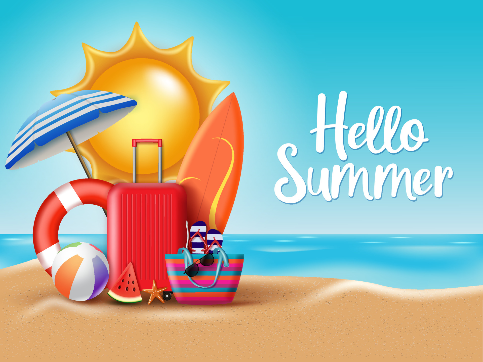 Summer vector design. Hello summer greeting text in beach with colorful beach elements of sun, luggage, ball, bag, watermelon, umbrella and surfing board in sand. Vector illustration