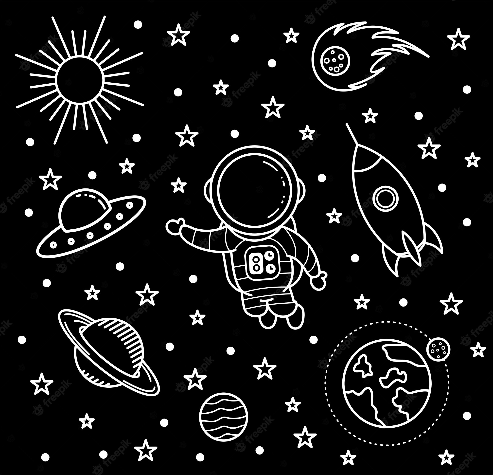Premium Vector. Doodle art, black and white astronaut wallpaper