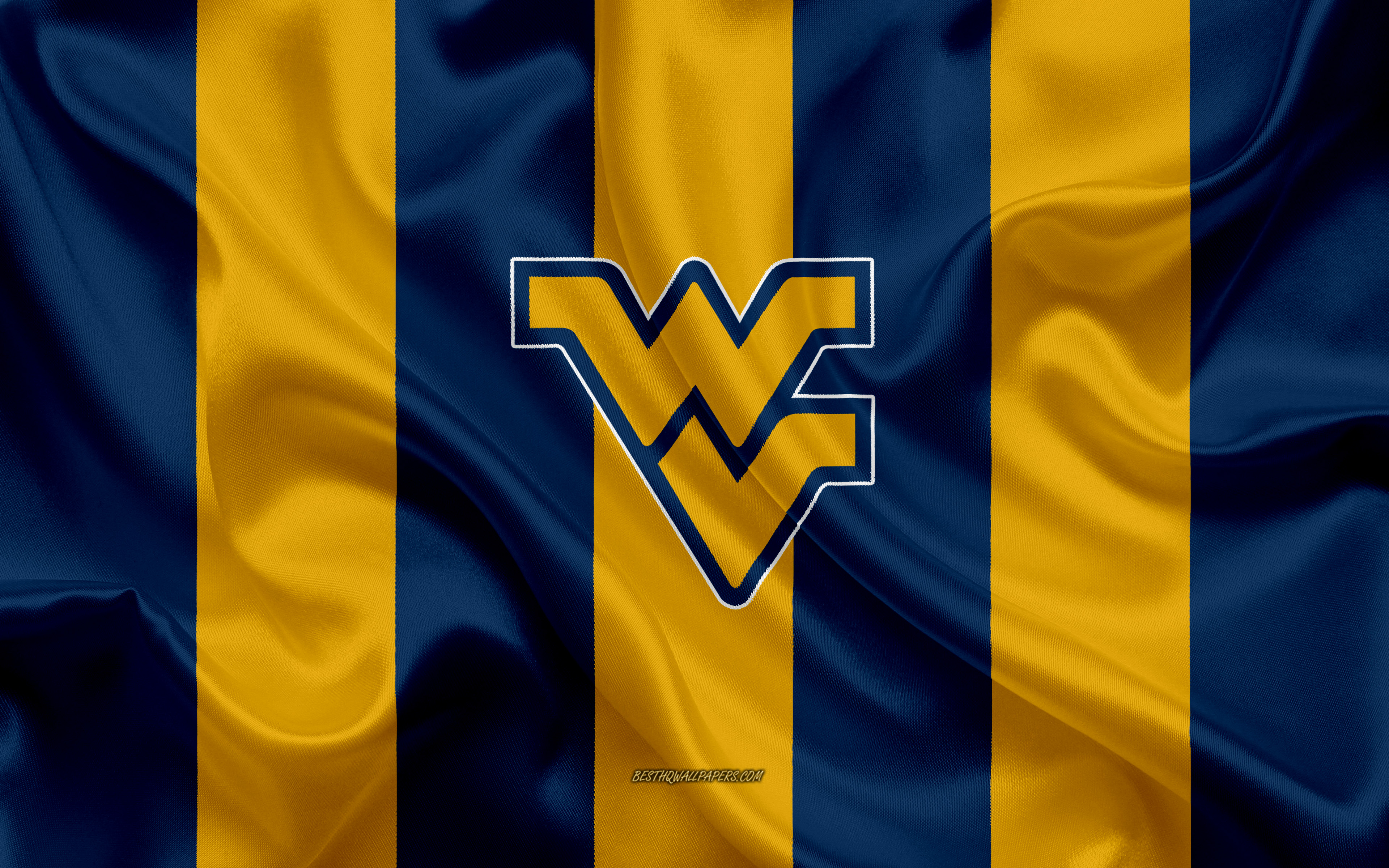 Download Wallpaper West Virginia Mountaineers, American Football Team, Emblem, Silk Flag, Yellow Blue Silk Texture, NCAA, West Virginia Mountaineers Logo, Morgantown, West Virginia, USA, American Football For Desktop With Resolution 3840x2400. High