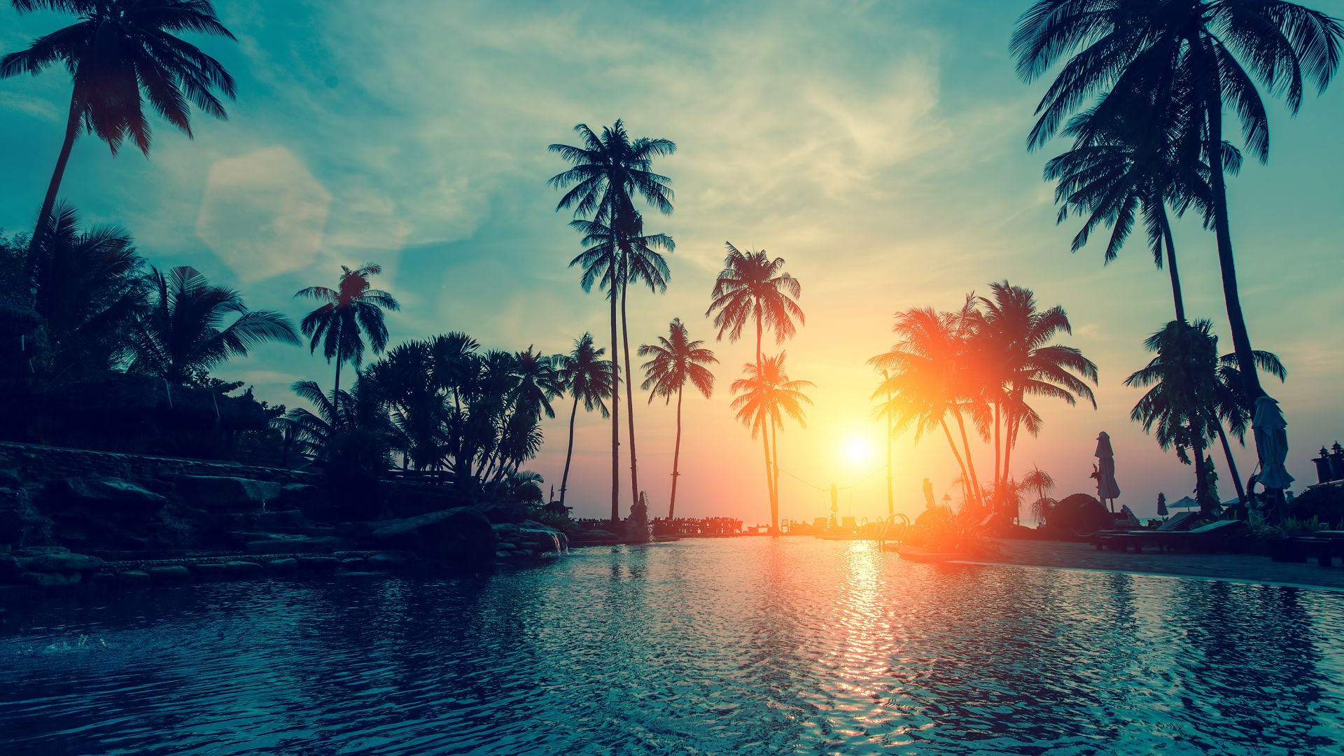 Desktop Wallpaper Resort, Sunset, Palm Tree, HD Image, Picture, Background, Mxdbva