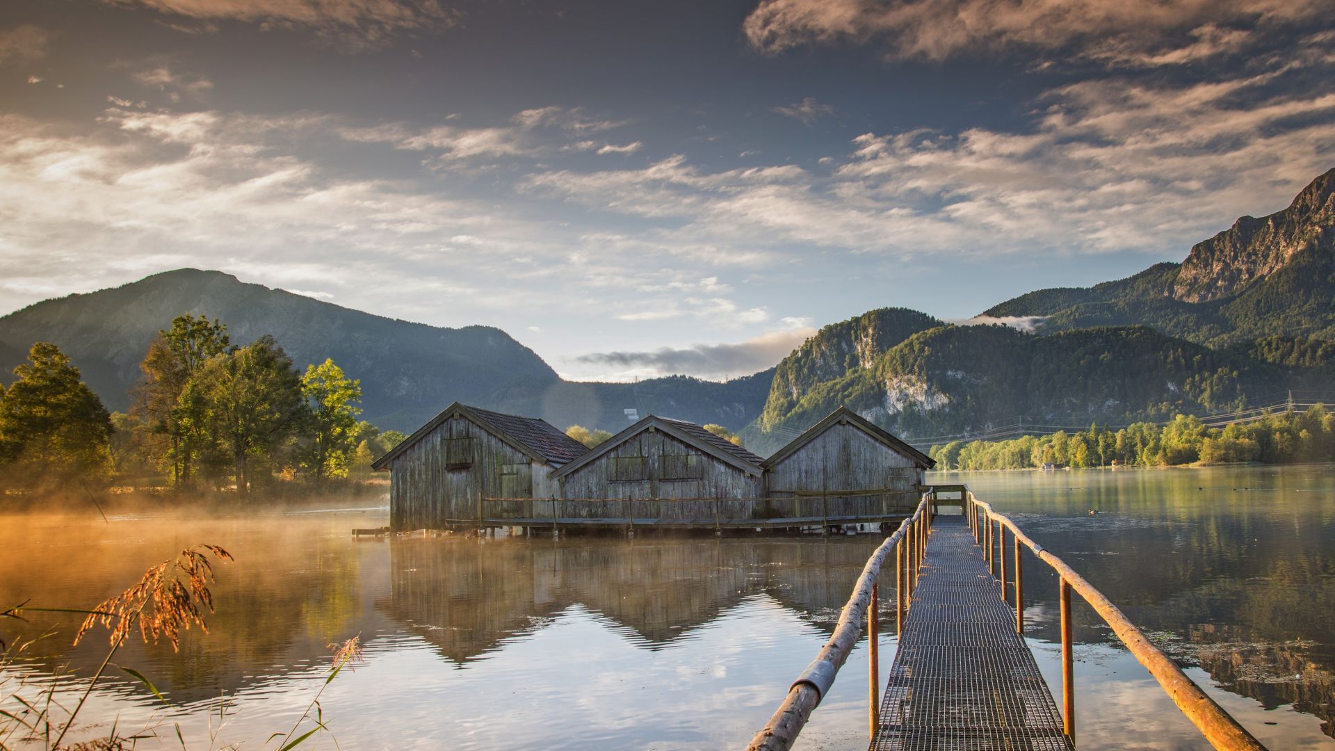 Desktop Wallpaper Lake, House, Mountains, Wooden Bridge, 4k, HD Image, Picture, Background, A50995