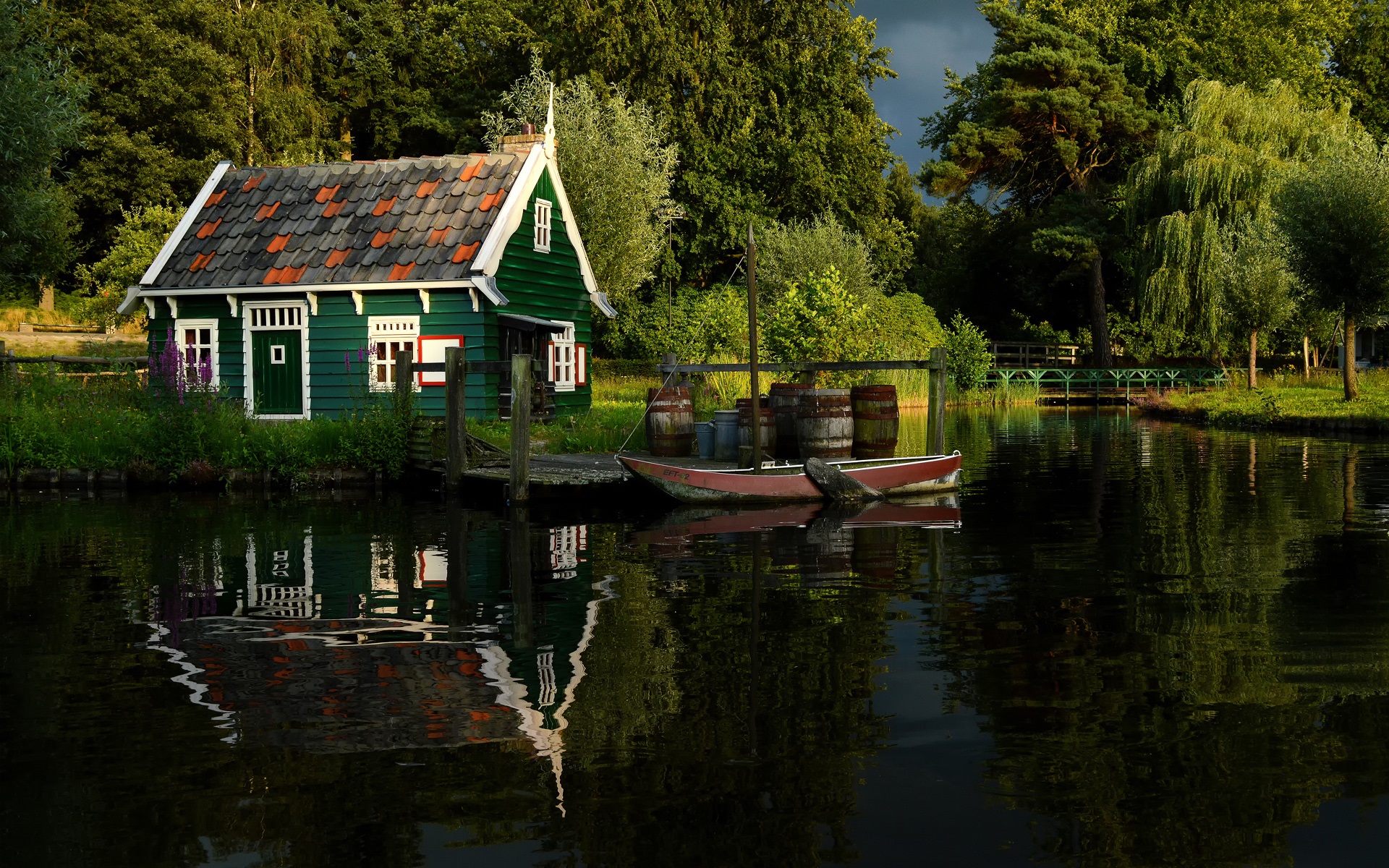 Wallpaper Summer, trees, river, pond, park, wood house, pier, boat 1920x1200 HD Picture, Image