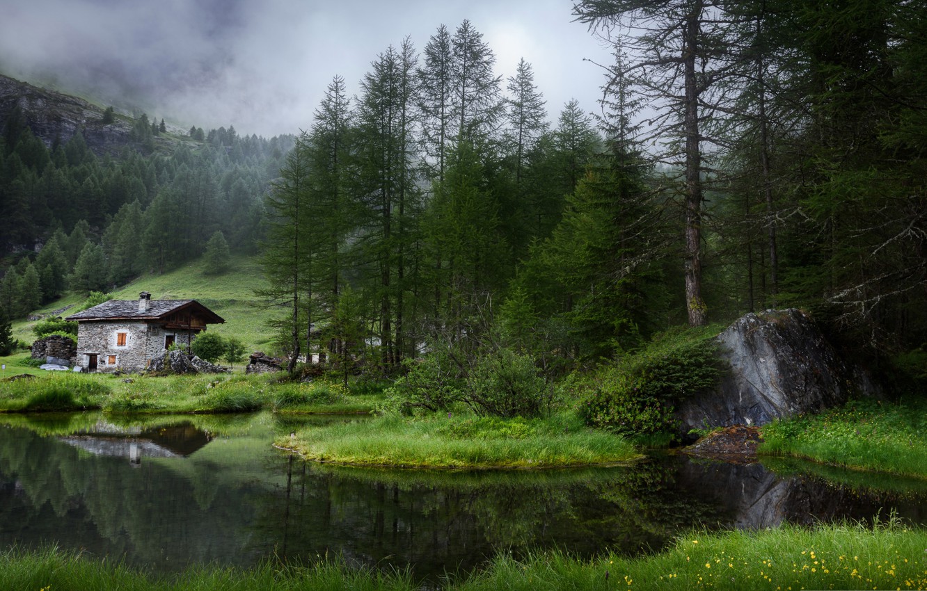 Wallpaper forest, mountains, lake, house image for desktop, section пейзажи