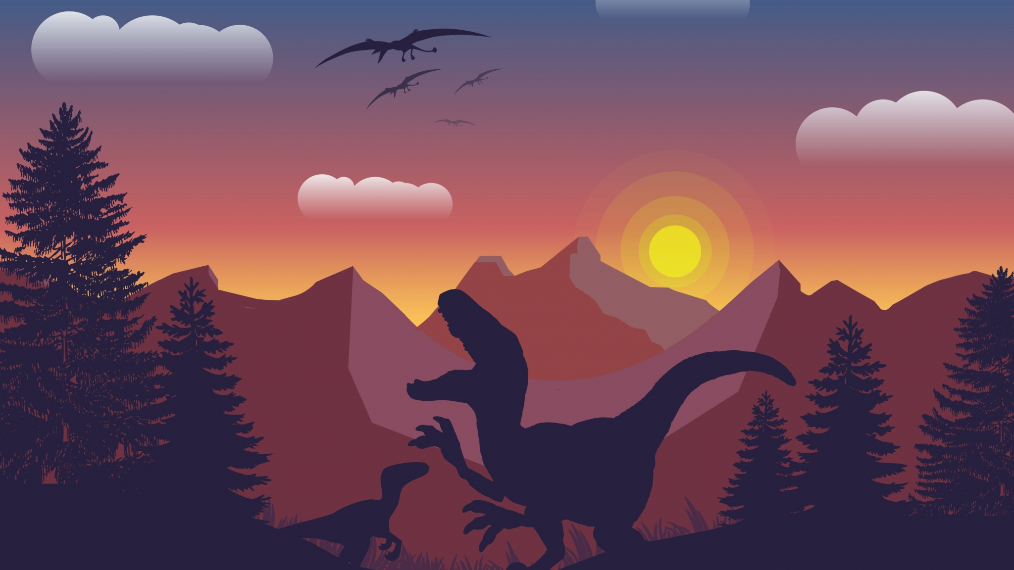 Download dinosaur, mountains, digital art 2048x1152 wallpaper, dual wide 2048x1152 HD image, background, 8159