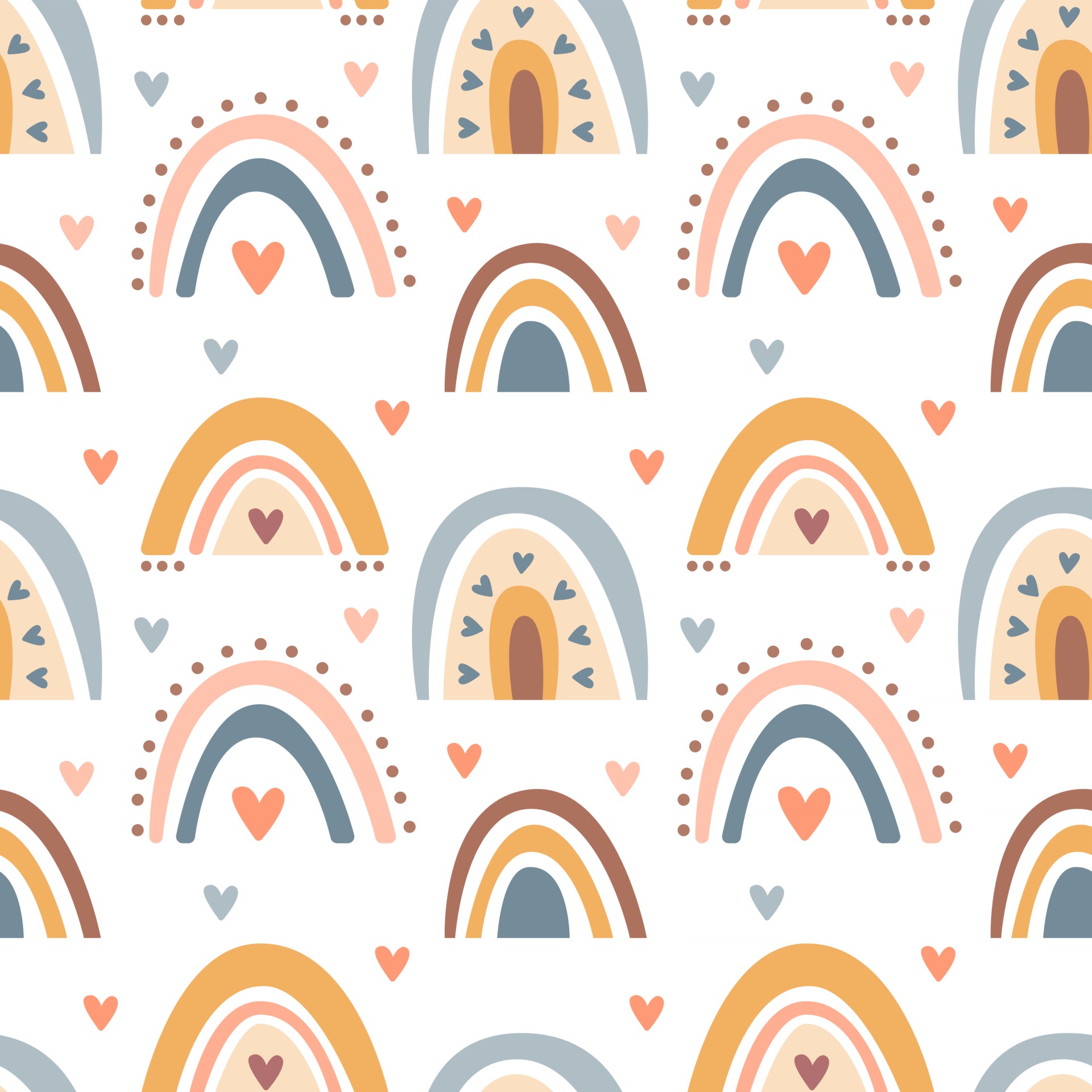 Hand drawn seamless pattern of cute boho rainbows pastel color isolated on white background. Vector flat illustration. Design for baby textile, wallpaper, wrapping, backdrop