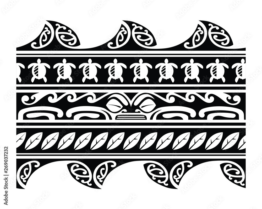 Polynesian tattoo tribal pattern border sleeve vector, samoan sketch forearm and foot design, maori stencil bracelet armband tattoo tribal, lace band fabric seamless ornament, wallpaper Stock Vector