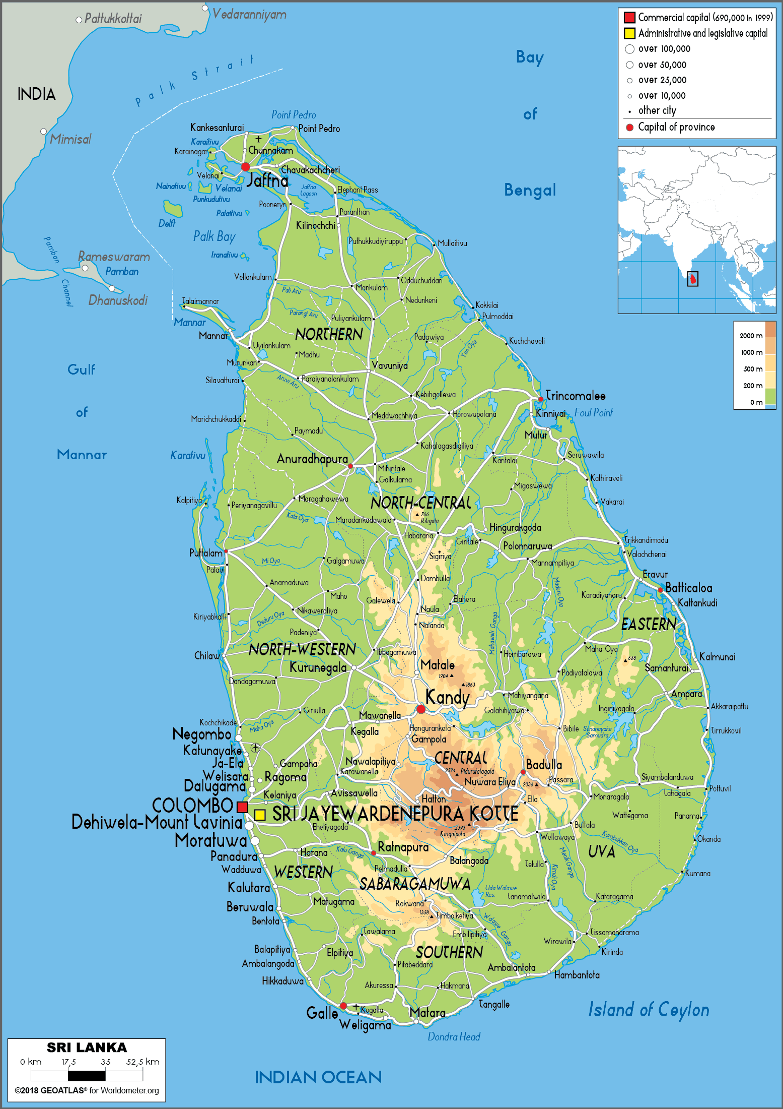 Large size Physical Map of Sri Lanka