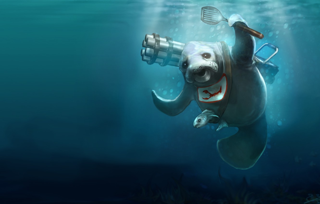 Wallpaper rendering, fish, blue background, machine gun, apron, minigun, Gatling, manatee, sea cow, blade, kitchen image for desktop, section рендеринг
