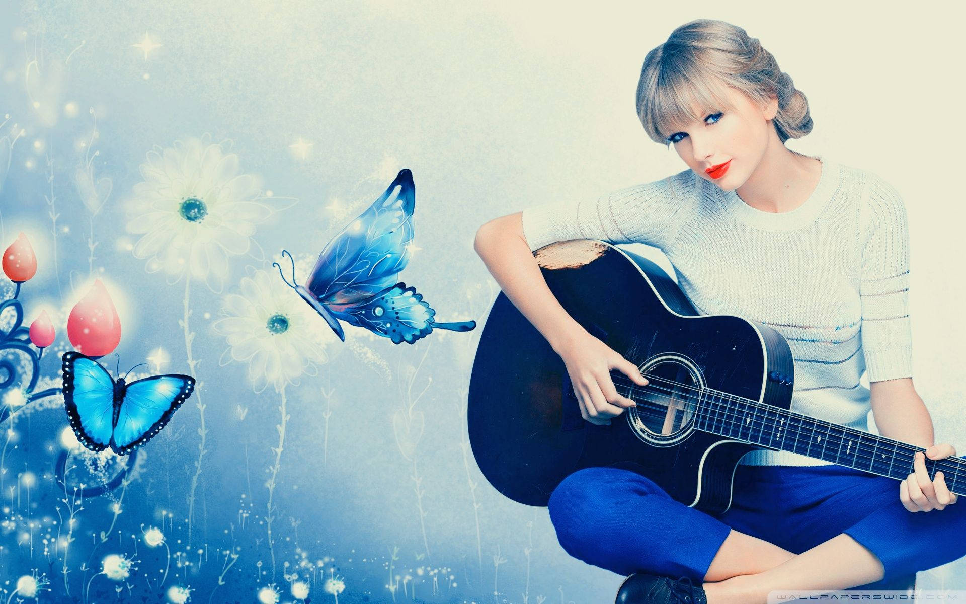 Download Blue Theme Taylor Swift Playing Guitar Wallpaper