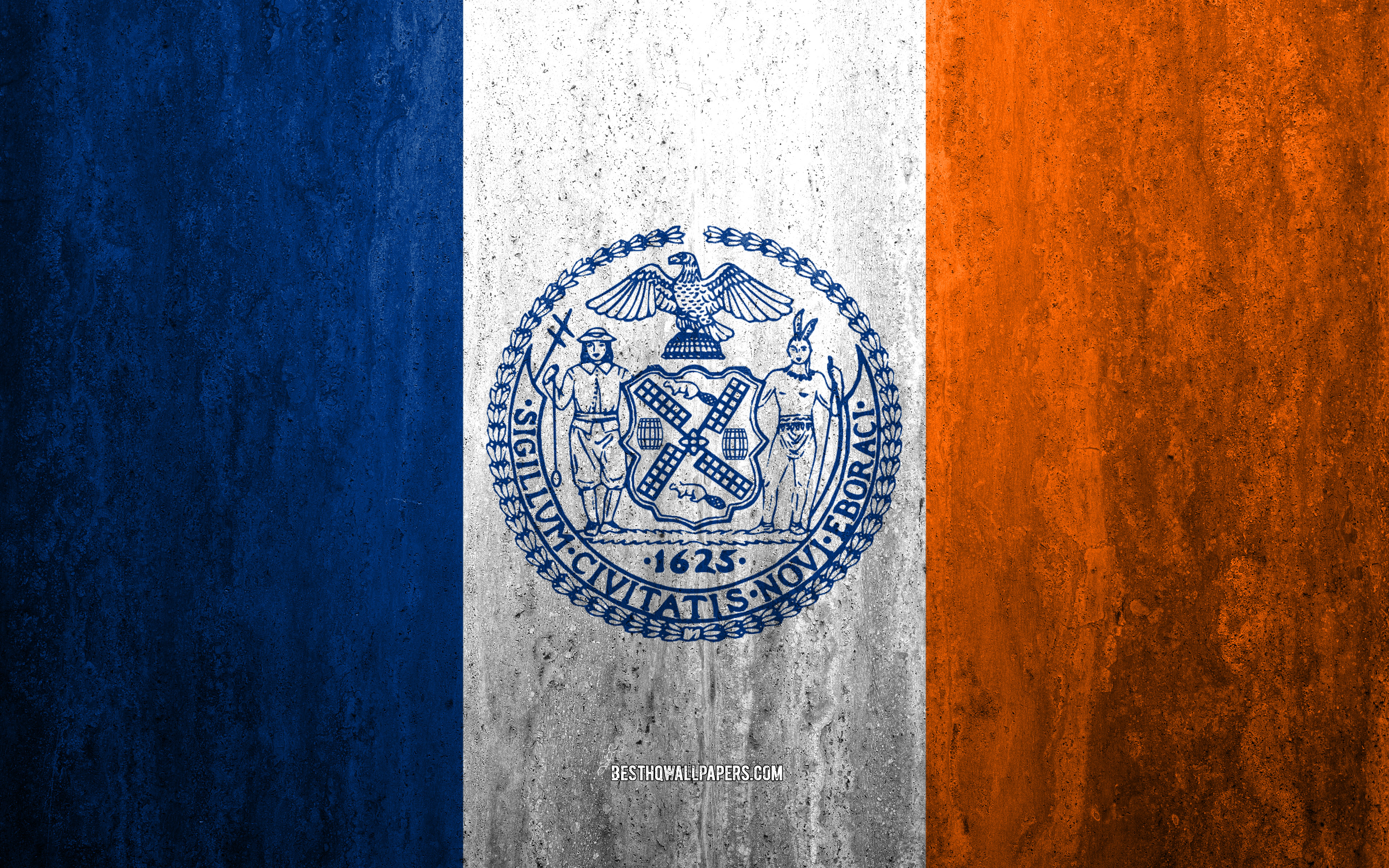 Download wallpaper Flag of New York City, New York, 4k, stone background, American city, grunge flag, New York City, USA, New York City flag, grunge art, stone texture, flags of american cities
