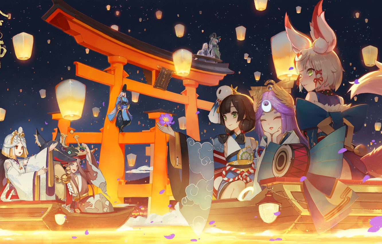 Wallpaper night, anime, art, lanterns, characters, Onmyouji image for desktop, section арт
