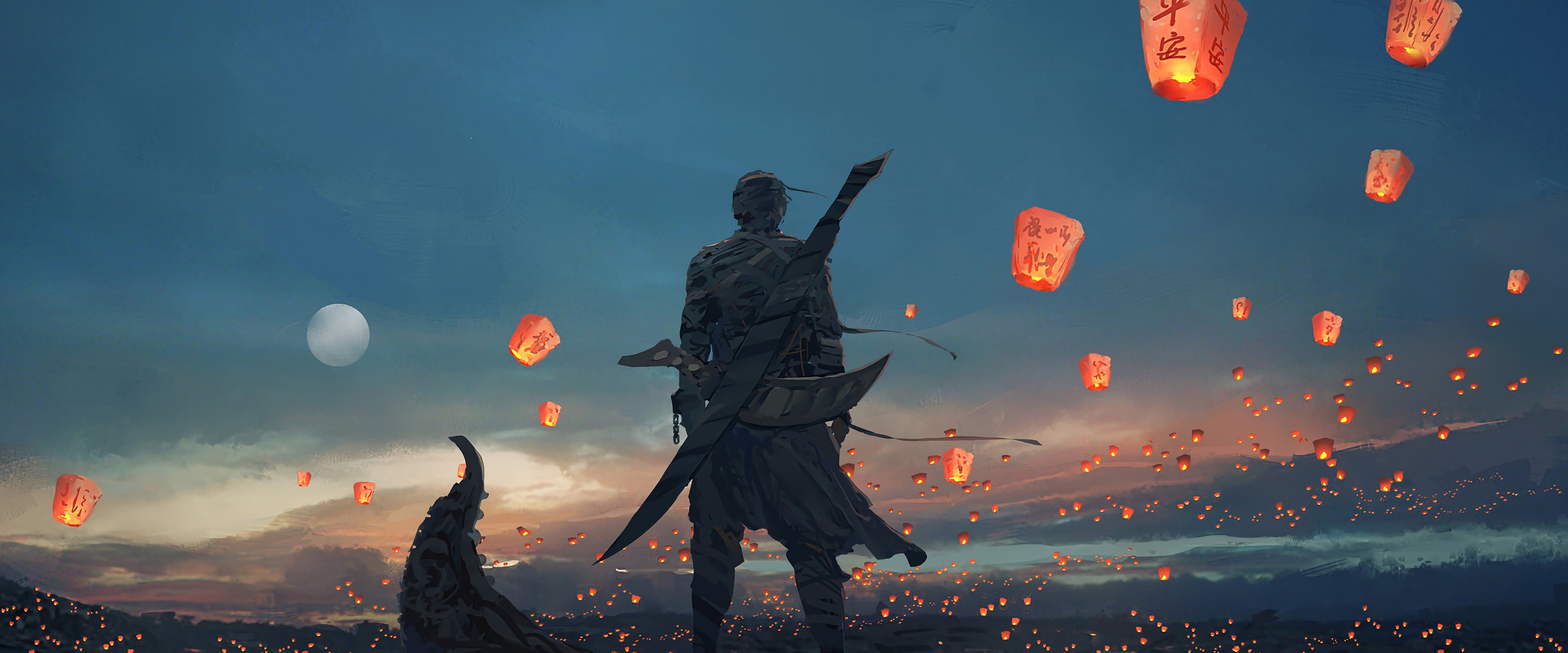 Anime Warrior Sky Lantern 4K Wallpaper