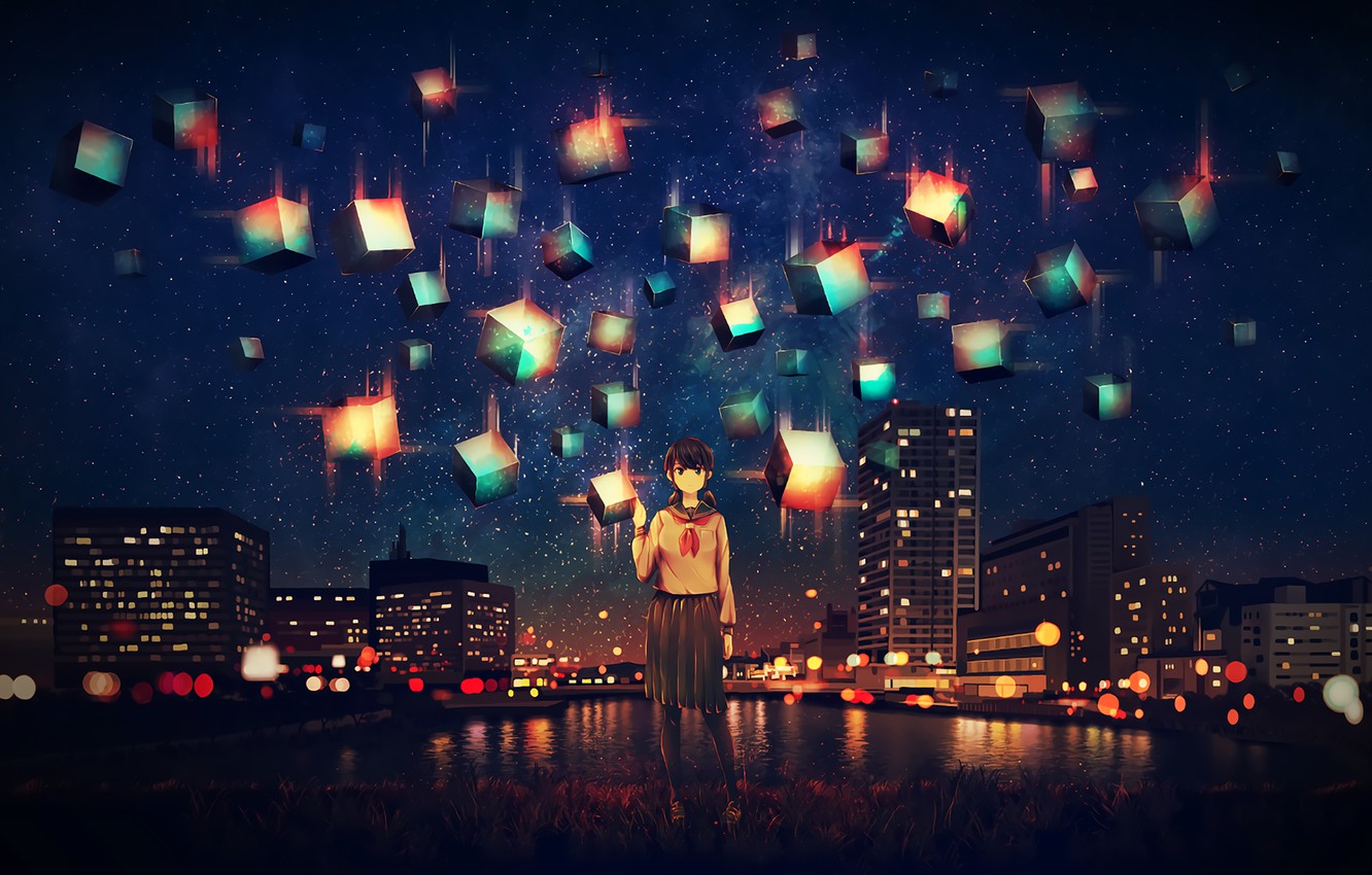 anime, flowers, lantern, Lantern Festival, city lights, clouds | 1920x1080  Wallpaper - wallhaven.cc