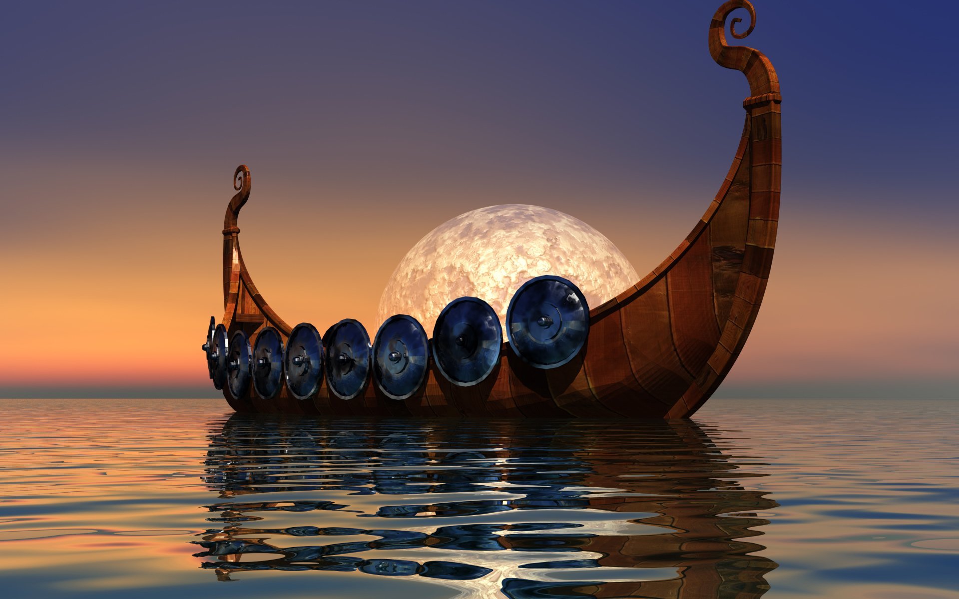 Viking Ship the Sea under a Full Moon