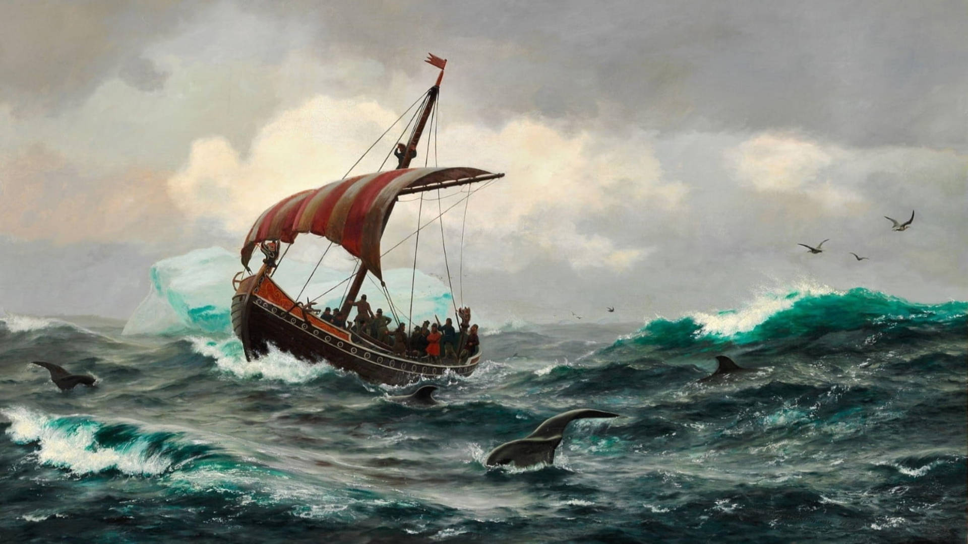 Download Painted Viking Ship On Sea Wallpaper