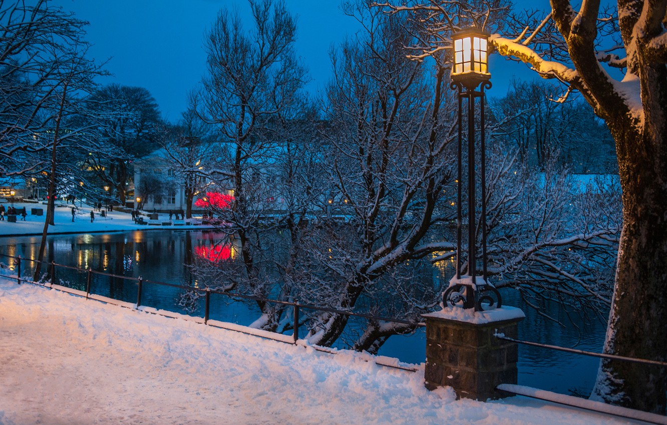 Wallpaper winter, snow, trees, lights, pond, the evening, Norway, lantern, promenade, Stavanger image for desktop, section город