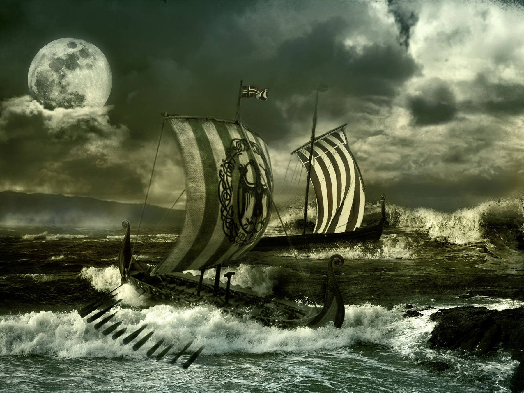 Ocean sea water waves storm sailing ships boats vikings fantasy manipulations cg digital art wallpaperx1350