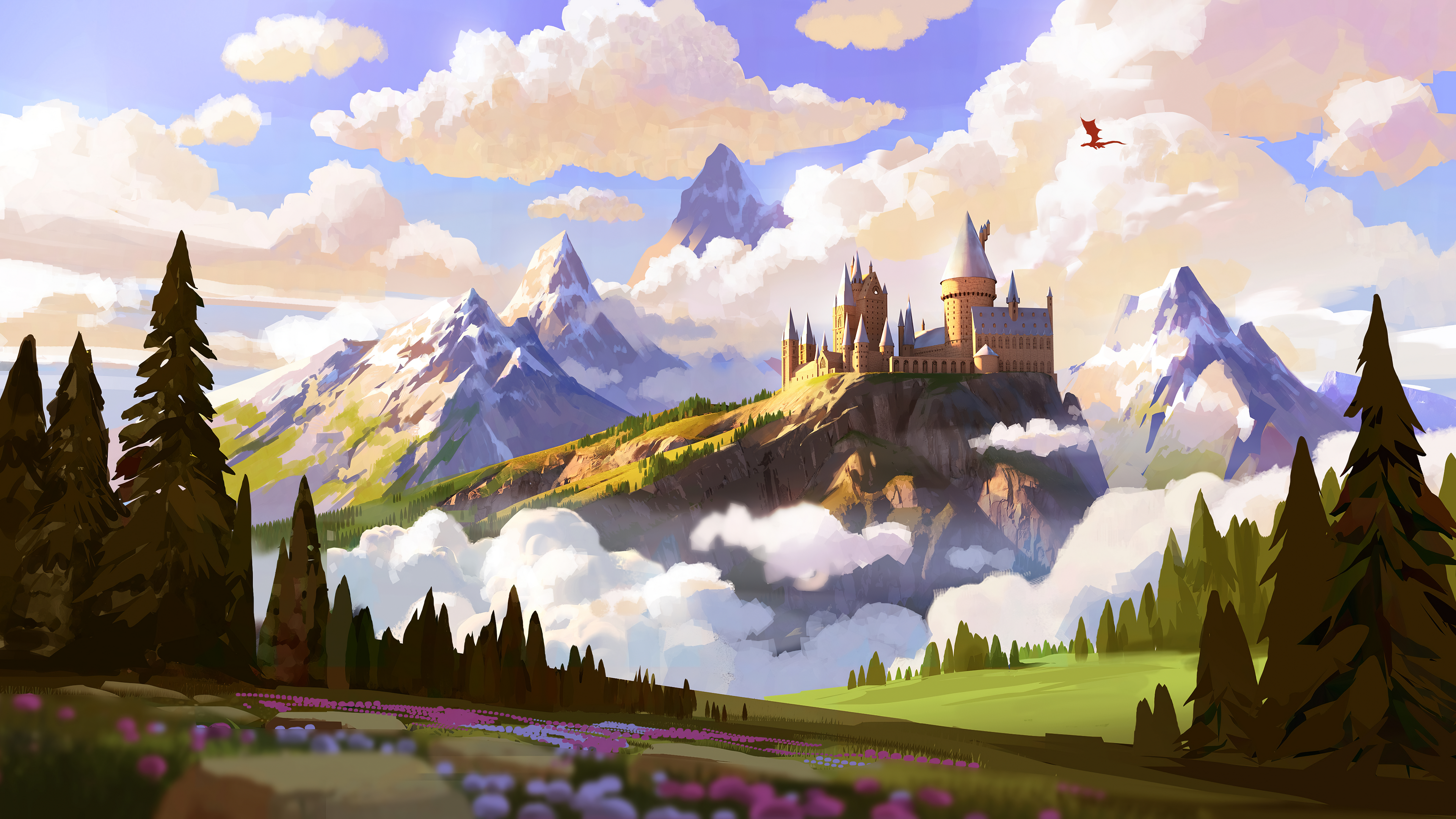 Download 4k Wallpaper: Hogwarts, Harry potter, Digital art, Clouds, Trees, Mountains, C.P, 2K, 4K, 5K HD Wallpaper Free Download
