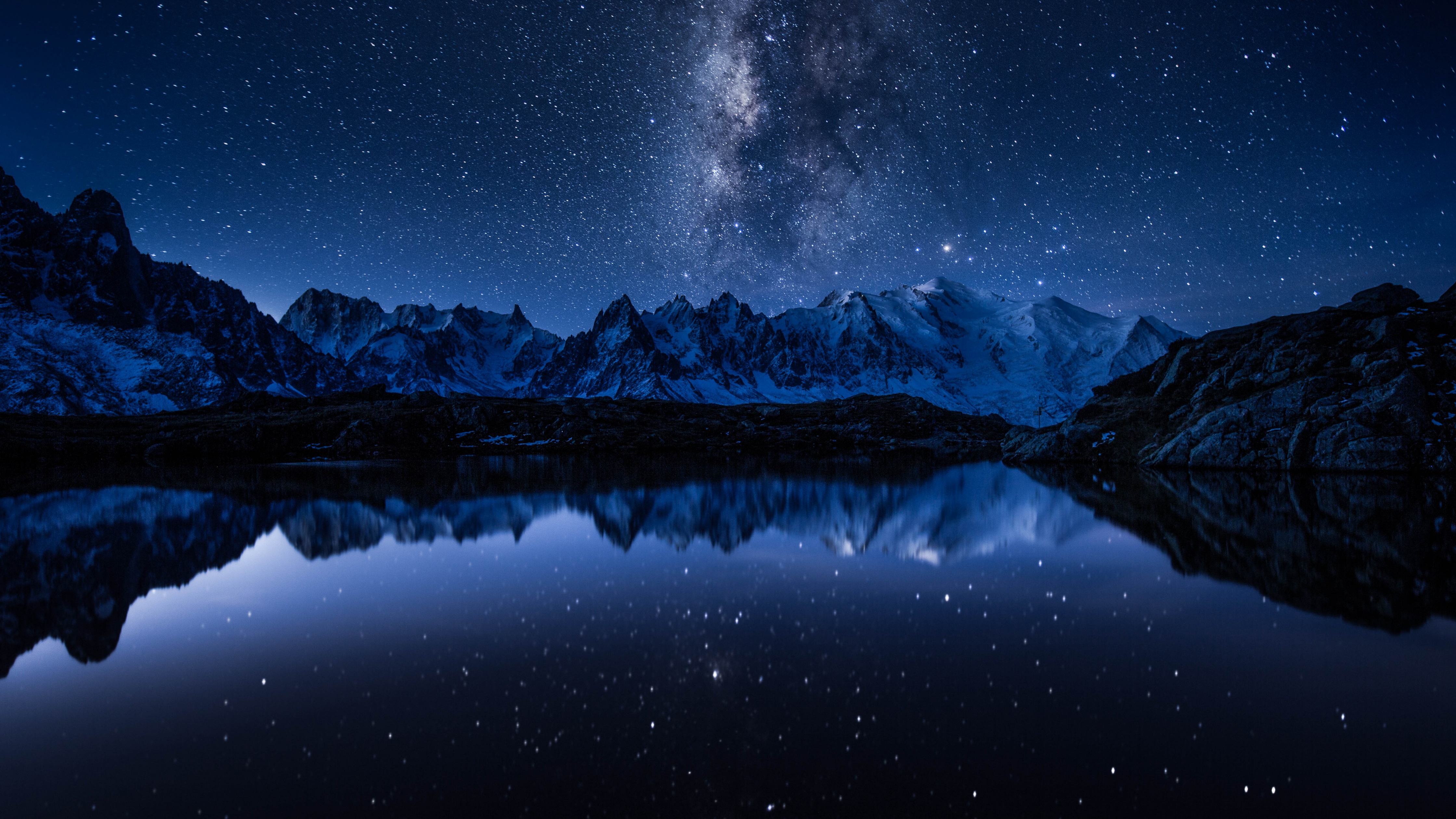 Milky Way Wallpaper 4K, Starry sky, Night, Mountains, Lake, Reflection, Nature