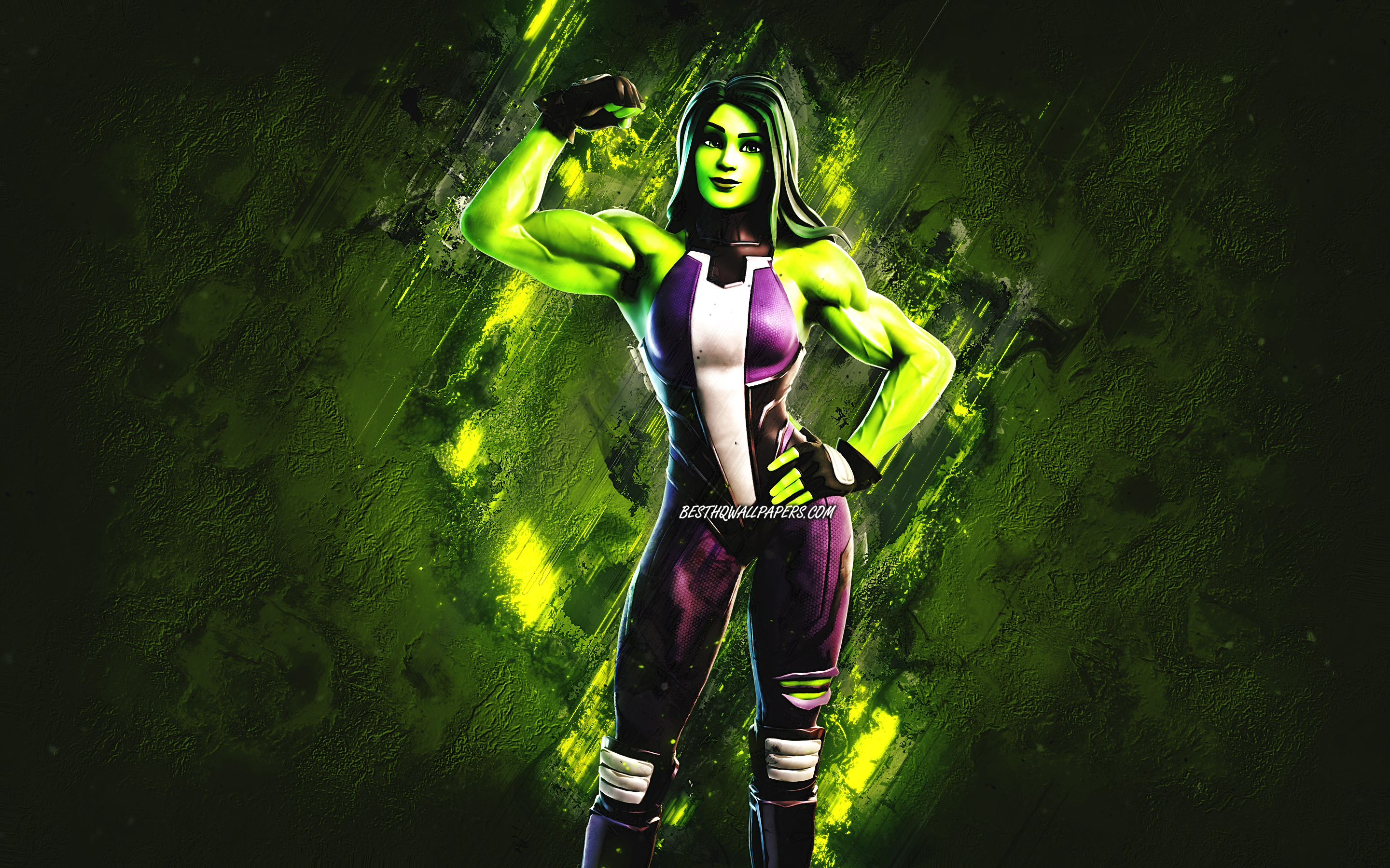 Download wallpaper Fortnite She Hulk Skin, Fortnite, main characters, green stone background, She Hulk, Fortnite skins, She Hulk Skin, She Hulk Fortnite, Fortnite characters for desktop with resolution 2880x1800. High Quality HD