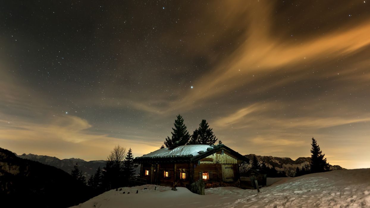 Mountains winter night stars skyscapes cottage night sky wallpaperx1080