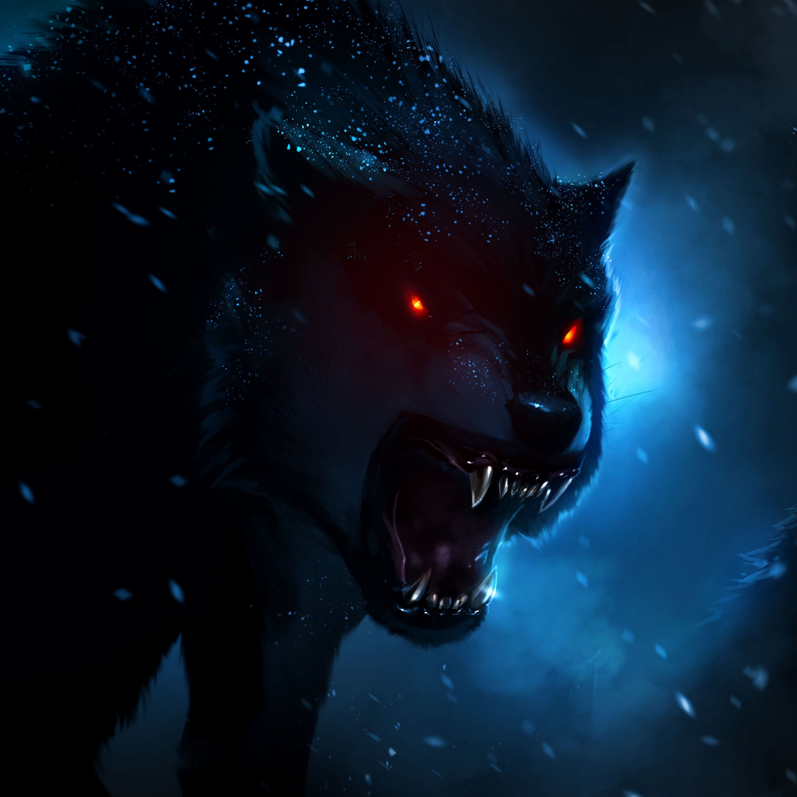 Black Wolf Wallpaper 4K, Red eyes, Snow fall, Dark background, Night time, Animals
