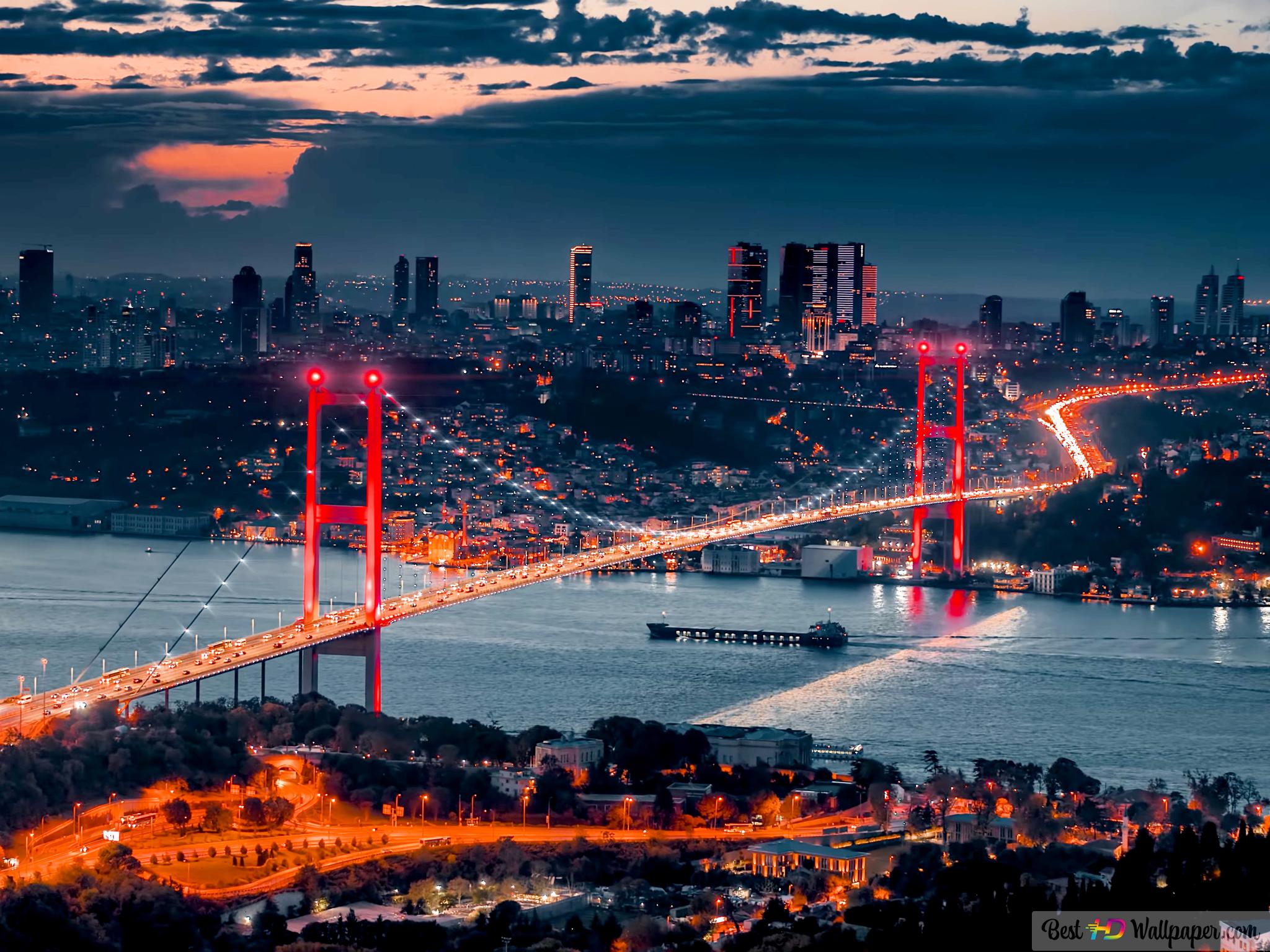 Istanbul bosphorus bridge and city lights HD wallpaper download