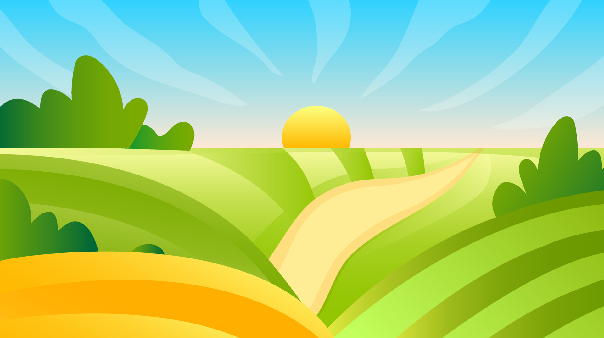 Rural landscape vector illustration. Farm agriculture colorful concept. Horizon view of field, hills, valley. Sunny day summer weather. Sunrise green meadow outdoor wallpaper. Countryside road scene