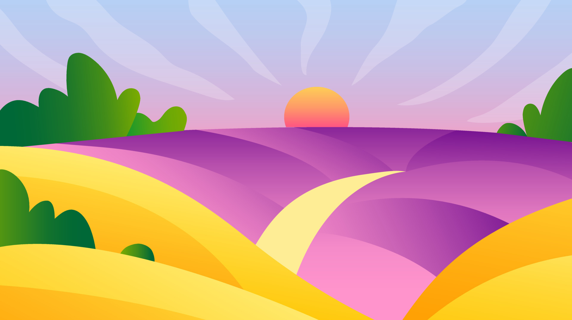 Rural landscape vector illustration. Farm agriculture colorful concept. Horizon view of wheat hills valley. Sunny day summer weather. Sunset meadow outdoor wallpaper. Countryside lavender field scene