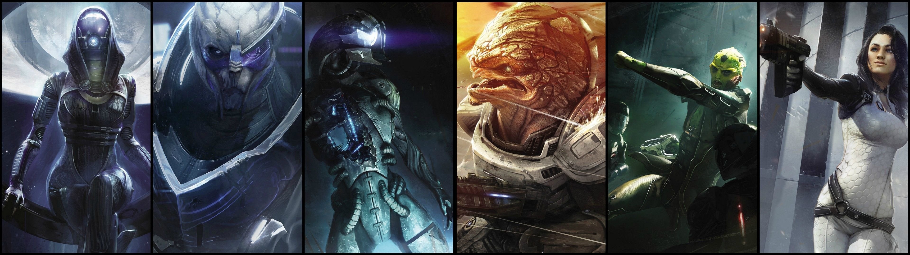 My Favorite (and Current!) Dual Monitor Wallpaper, Featuring Six Mass Effect Characters