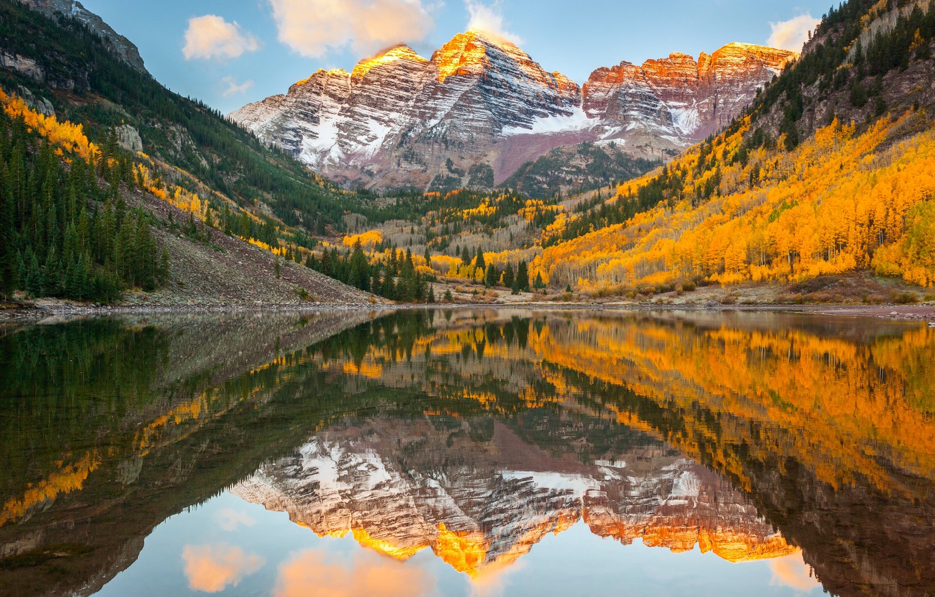 Wallpaper autumn, forest, reflection, lake, Colorado, USA, rocky mountains, state, Maroon Bells image for desktop, section природа