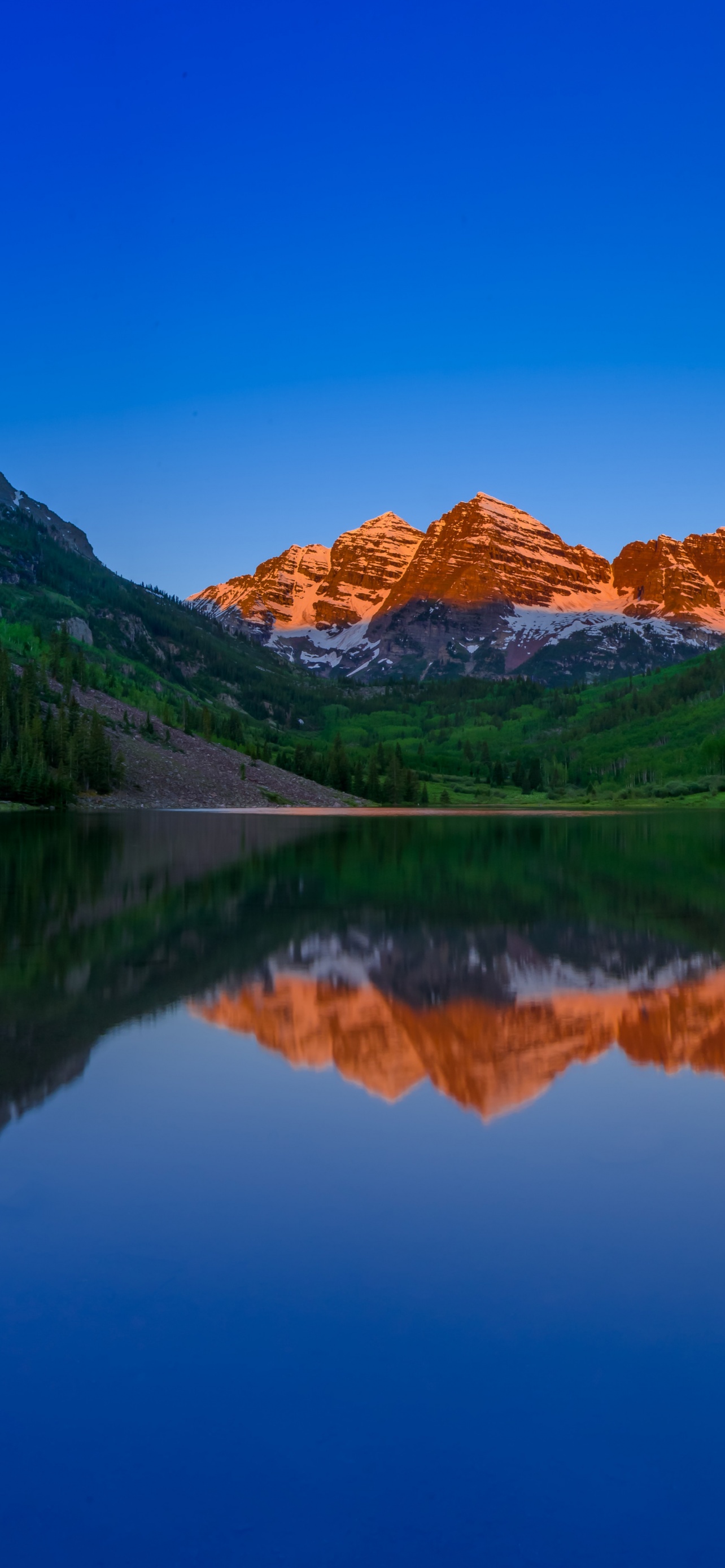 Maroon Bells Wallpaper 4K, Colorado, United States, Alpenglow, Sunrise, Nature