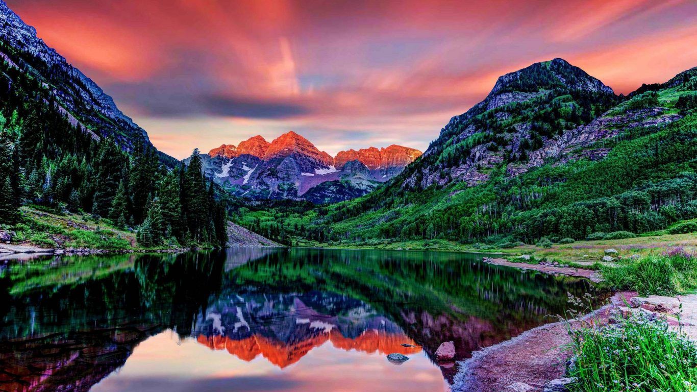 OgNature.com Water Clouds Usa Lake Sunset Bells Colorado Elk Mountains Maroon Reflections Nature Wallpaper. Sfondi, Tramonti, All'aperto