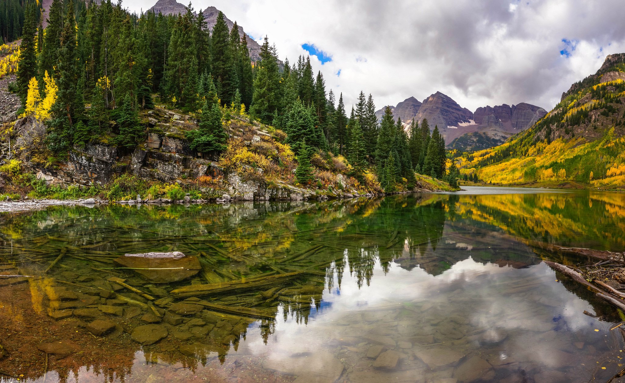Lake mountains reflection forest trees forest Maroon Bells Colorado autumn f wallpaperx1255