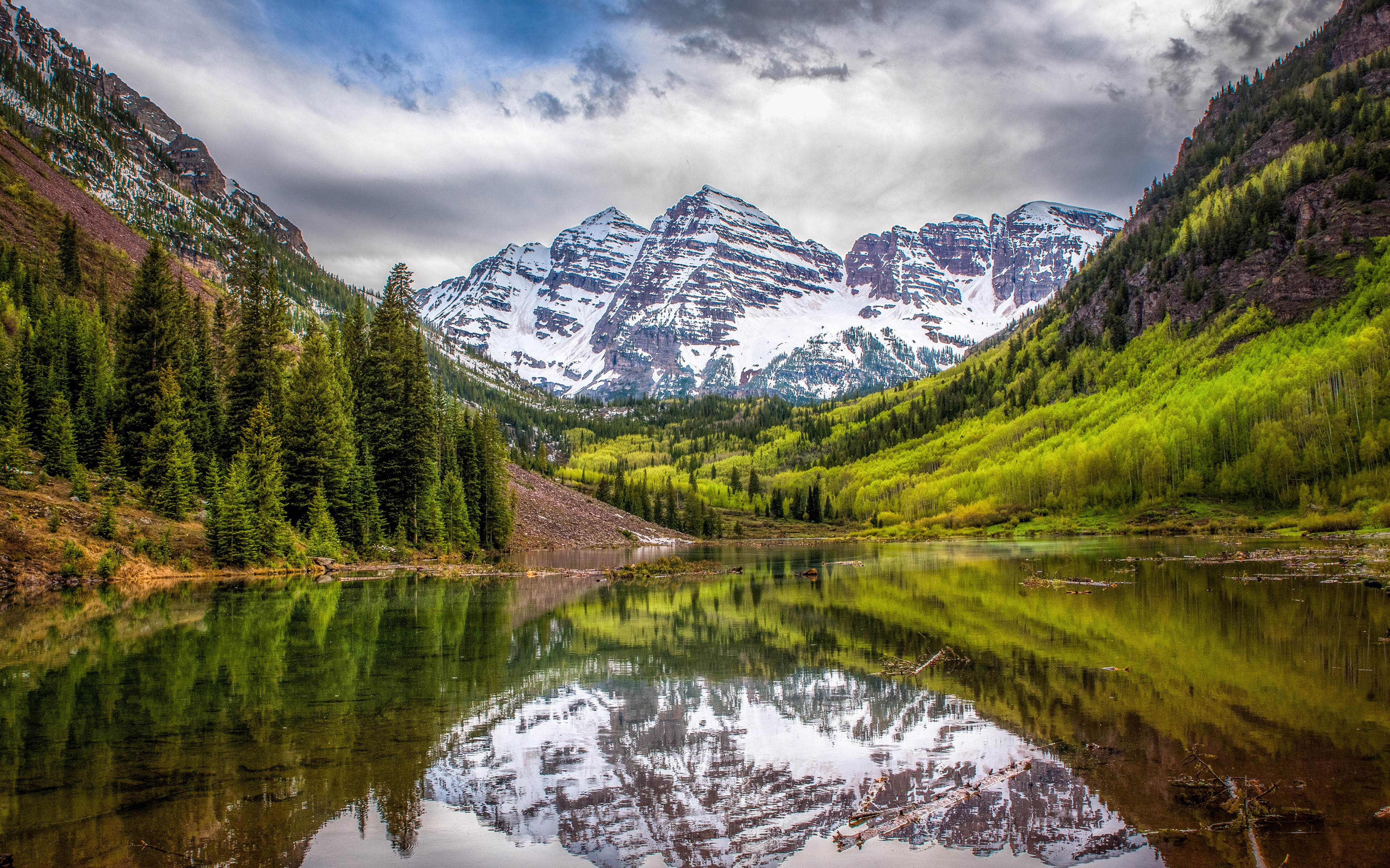 Download wallpaper Maroon Bells, 4k, beautiful nature, mountains, lake, Colorado, USA, America for desktop with resolution 3840x2400. High Quality HD picture wallpaper