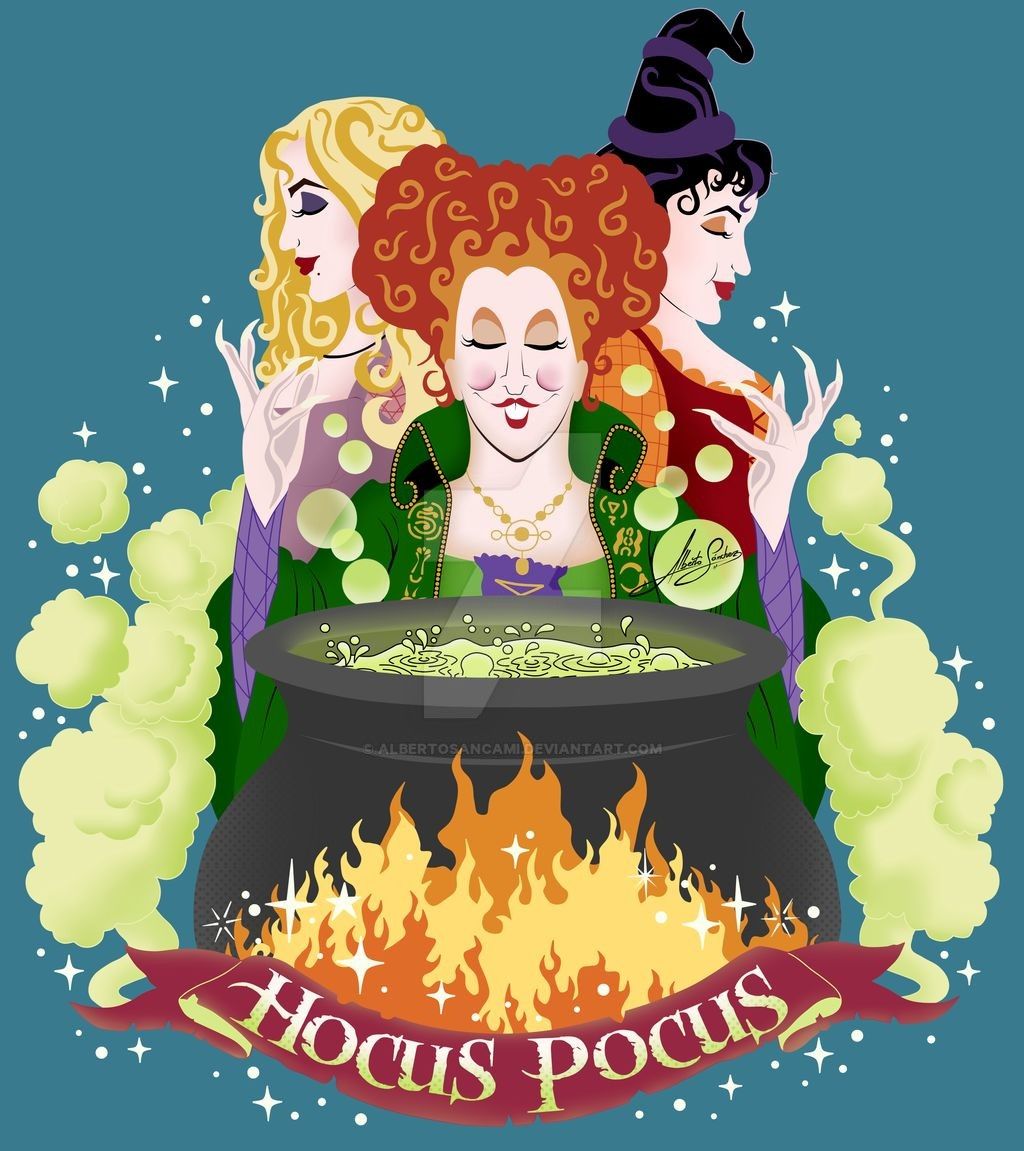 Hocus Pocus- Winifred, Sarah and Mary the Sanderson Sisters Witches with the cauldron of their pot. Halloween hocus pocus, Halloween wallpaper, Halloween painting
