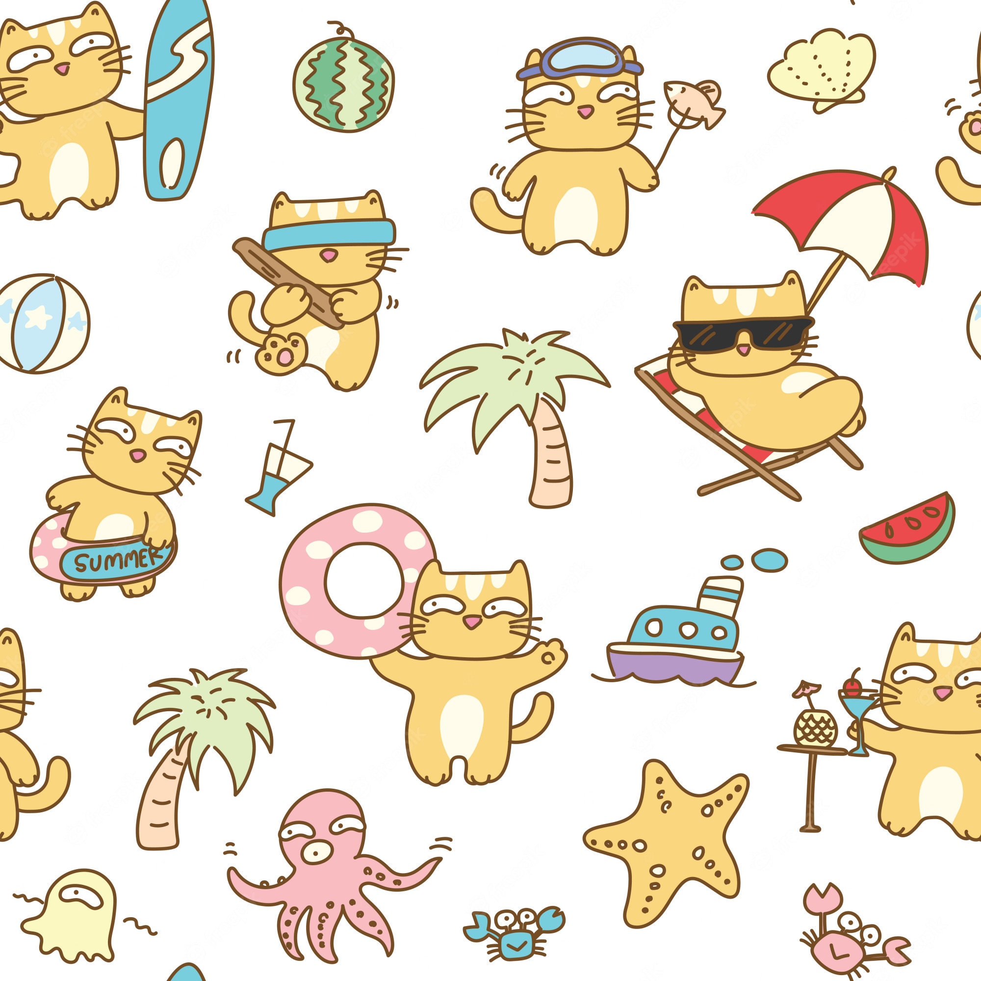 Premium Vector. Summer cat seamless pattern background