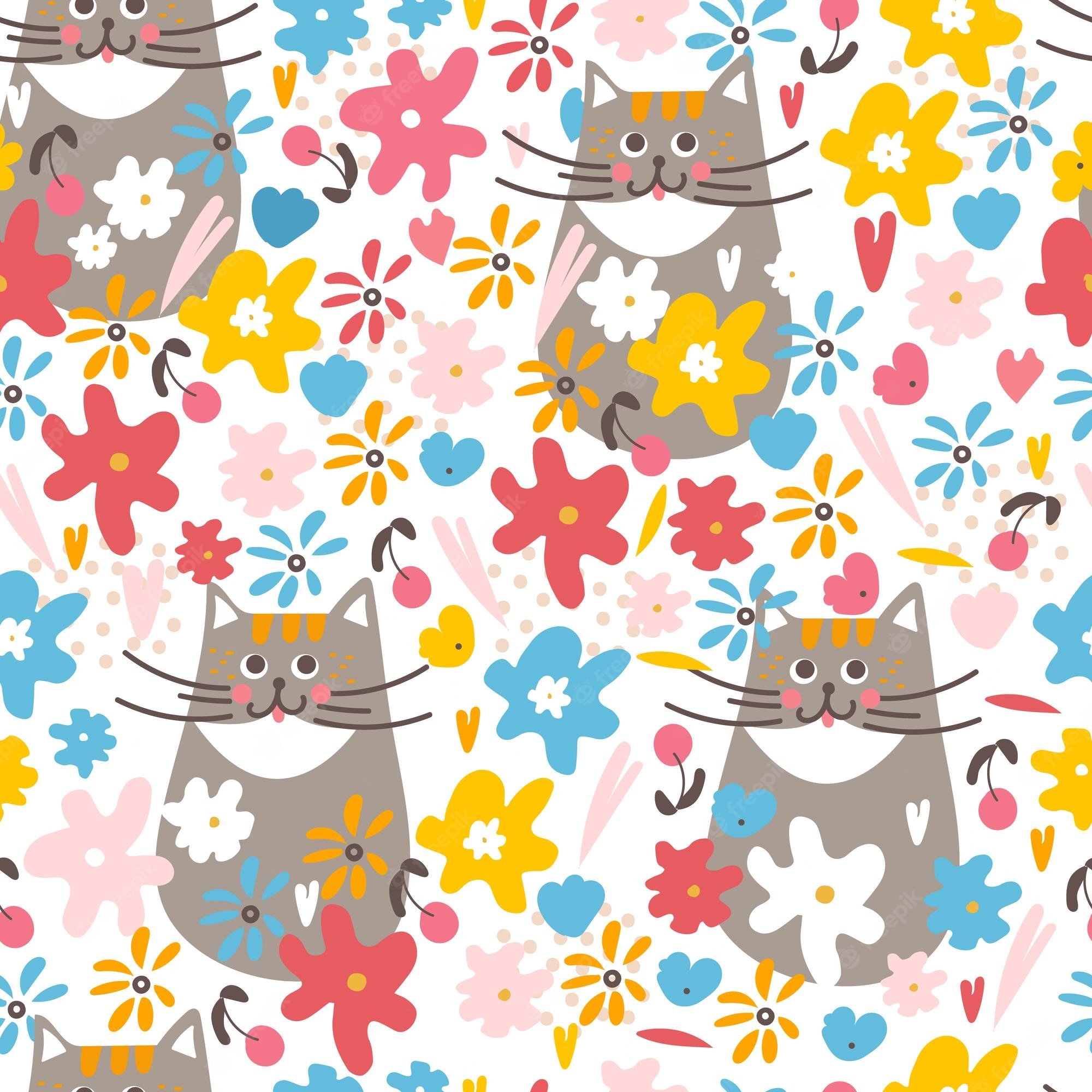 Premium Vector. Cat and flowers seamless pattern summer background print for printing on wallpaper fabric packaging vector illustration hand drawn