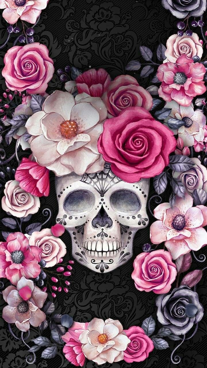 Black Skull with Rose Wallpaper