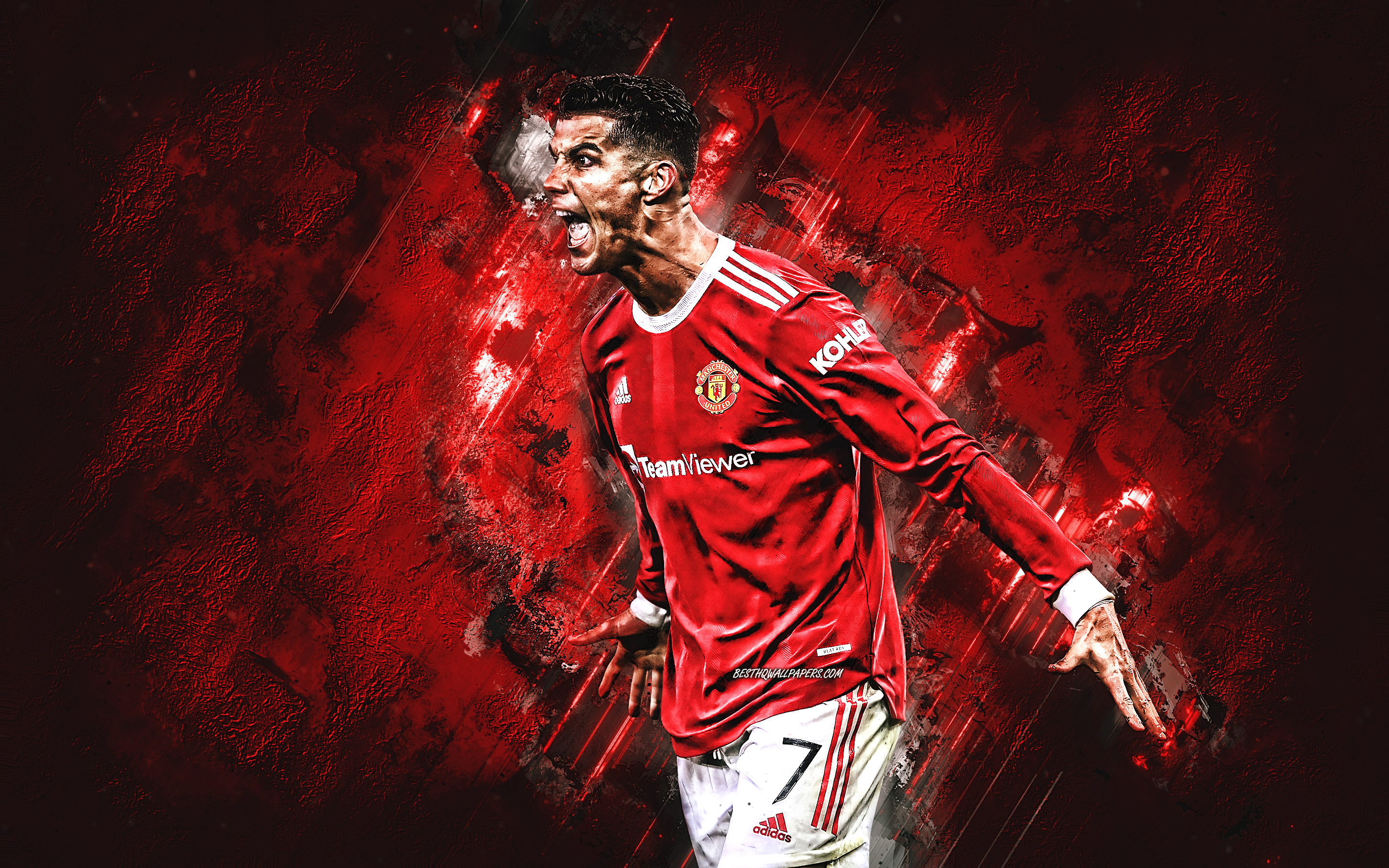 Download wallpaper Cristiano Ronaldo, Manchester United FC, red stone background, Ronaldo Manchester United, CR7 Manchester, football star, football for desktop with resolution 2880x1800. High Quality HD picture wallpaper