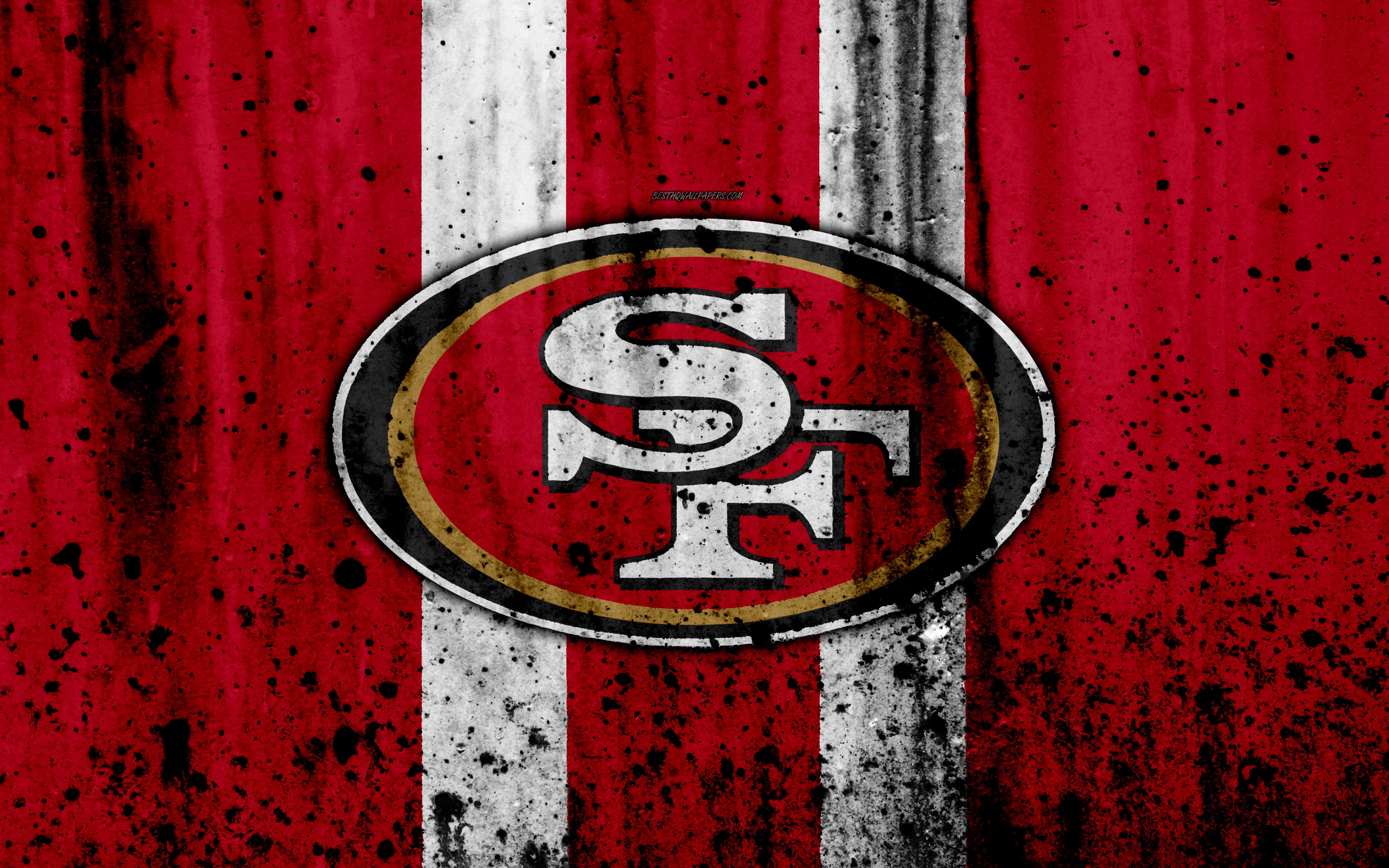 Download wallpaper 4k, San Francisco 49ers, grunge, NFL, american football, NFC, logo, USA, art, stone texture, West Division for desktop with resolution 3840x2400. High Quality HD picture wallpaper