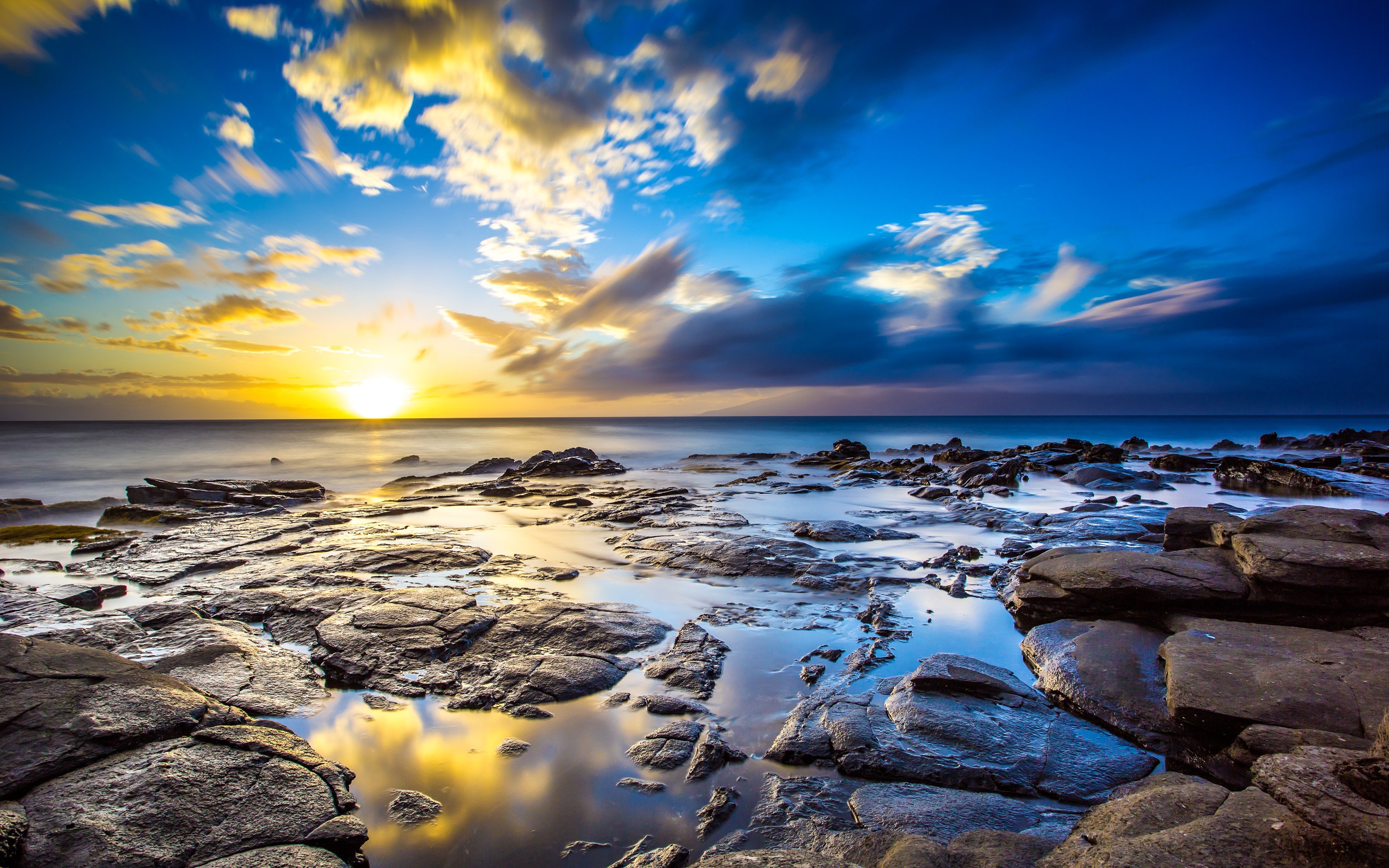 Sunrise ocean landscapes nature coast Sun dawn rocks Hawaii USA sunlight HDR photography reflections sea wallpaperx2400