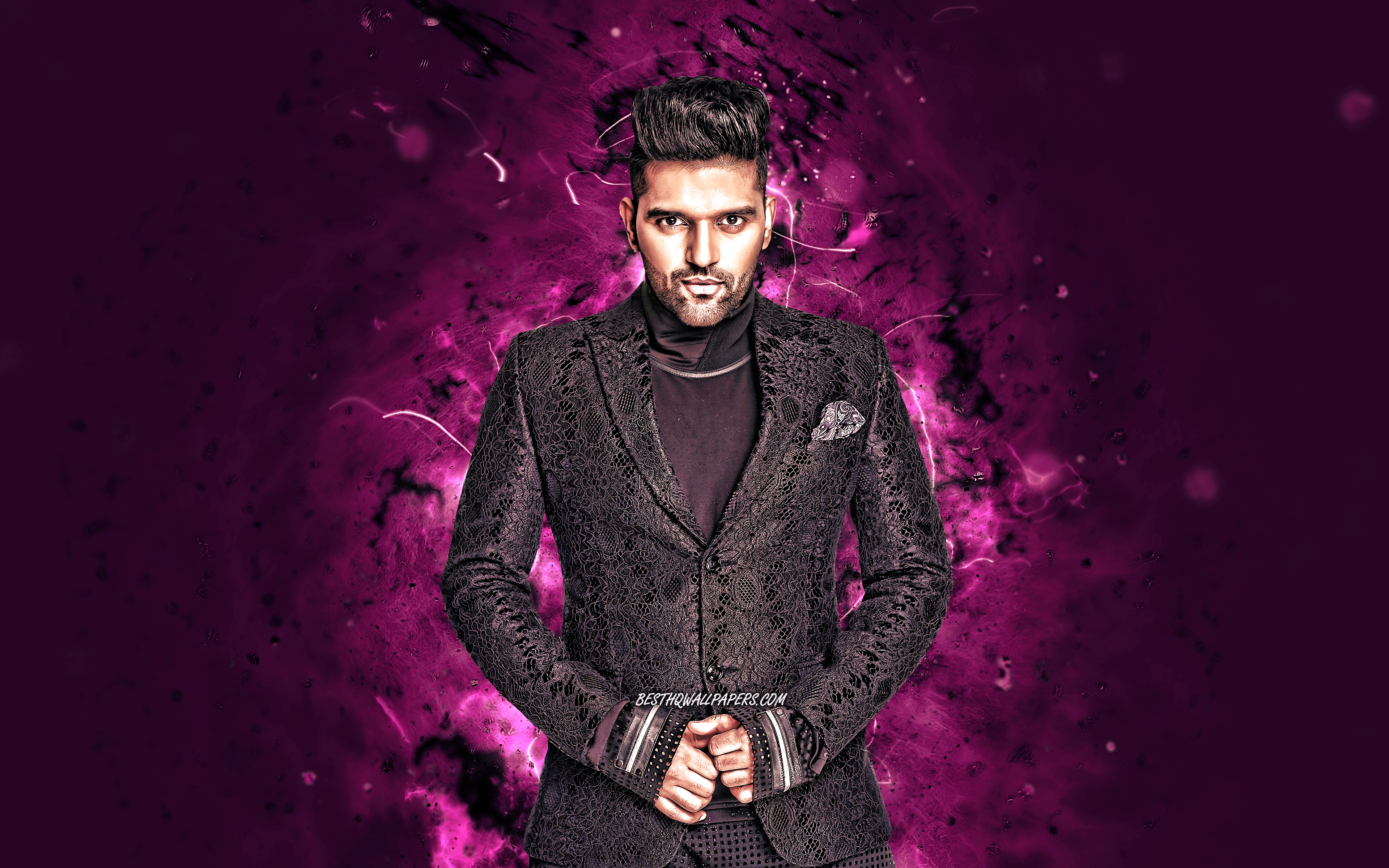 Download wallpaper Guru Randhawa, 4k, violet neon lights, indian singer, music stars, creative, Gursharanjot Singh Randhawa, indian celebrity, superstars, Guru Randhawa 4K for desktop with resolution 3840x2400. High Quality HD picture wallpaper