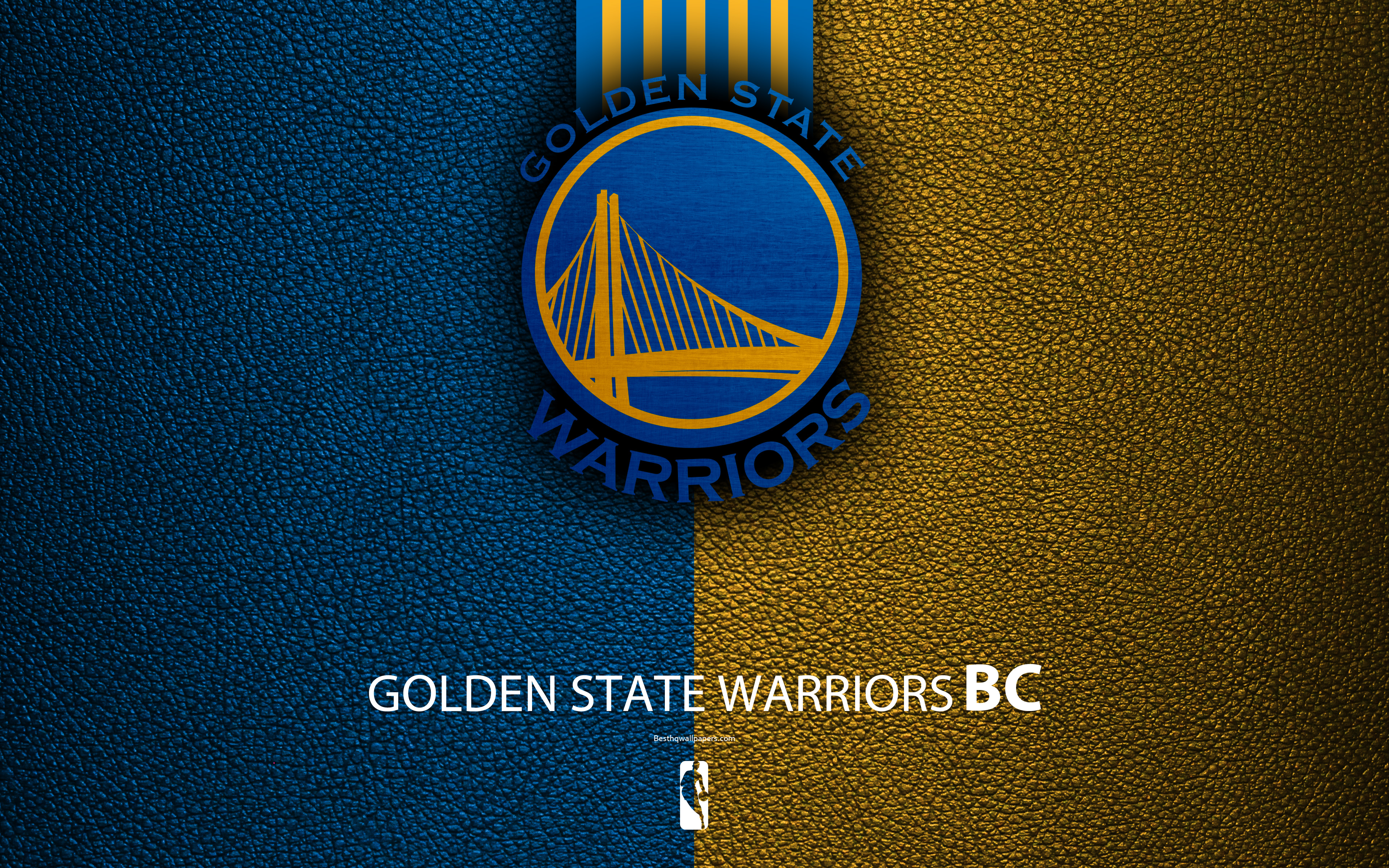 Download wallpaper Golden State Warriors, 4K, logo, basketball club, NBA, basketball, emblem, leather texture, National Basketball Association, Auckland, California, USA, Pacific Division, Western Conference for desktop with resolution 3840x2400. High