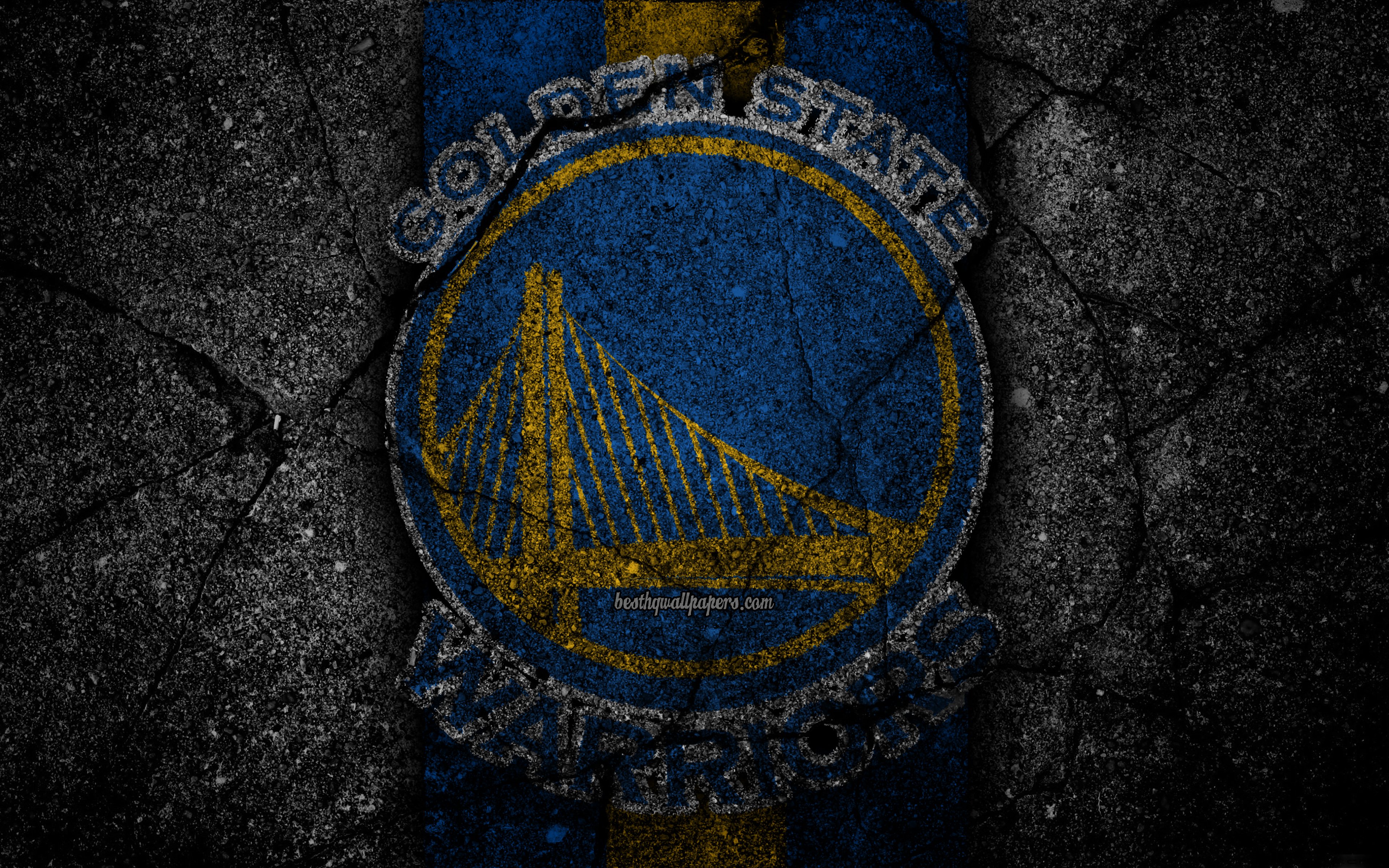 Download wallpaper Golden State Warriors, NBA, 4k, logo, black stone, basketball, Western Conference, asphalt texture, USA, creative, basketball club, Golden State Warriors logo for desktop with resolution 3840x2400. High Quality HD picture