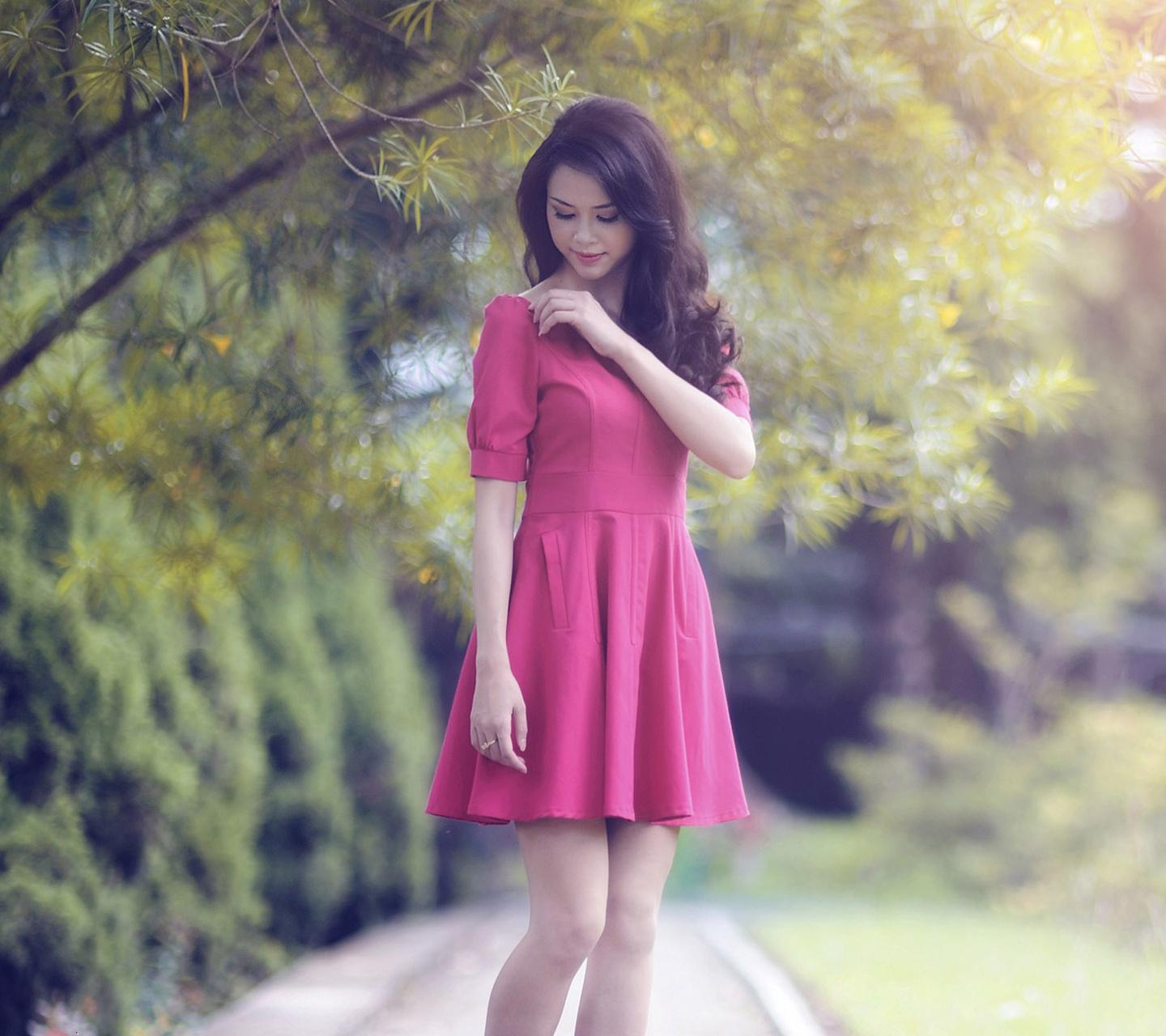 beautiful girl HD wallpaper for mobile, pink, clothing, dress, beauty, shoulder