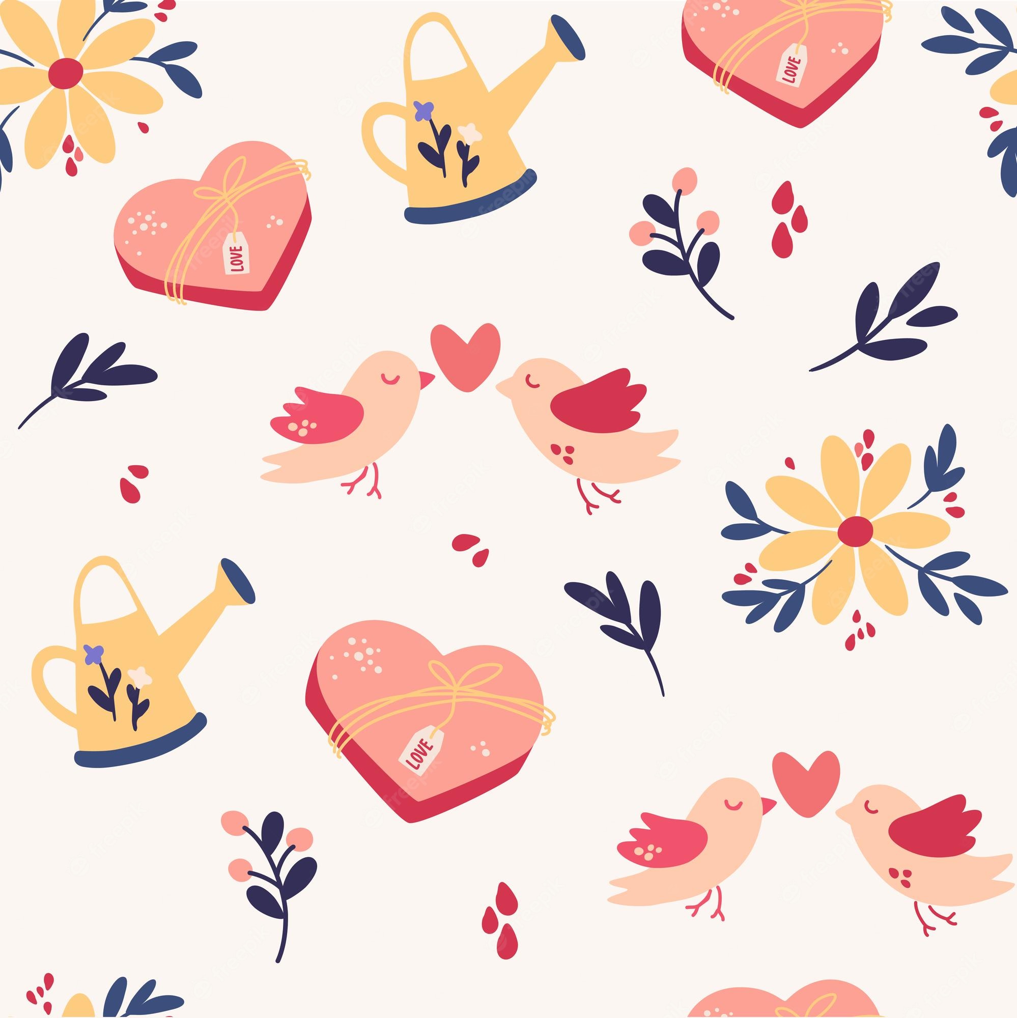 Premium Vector. Spring seamless pattern romantic background with birds flowers watering can and sweets perfect for valentines day print postcards wallpaper vector cartoon illustration