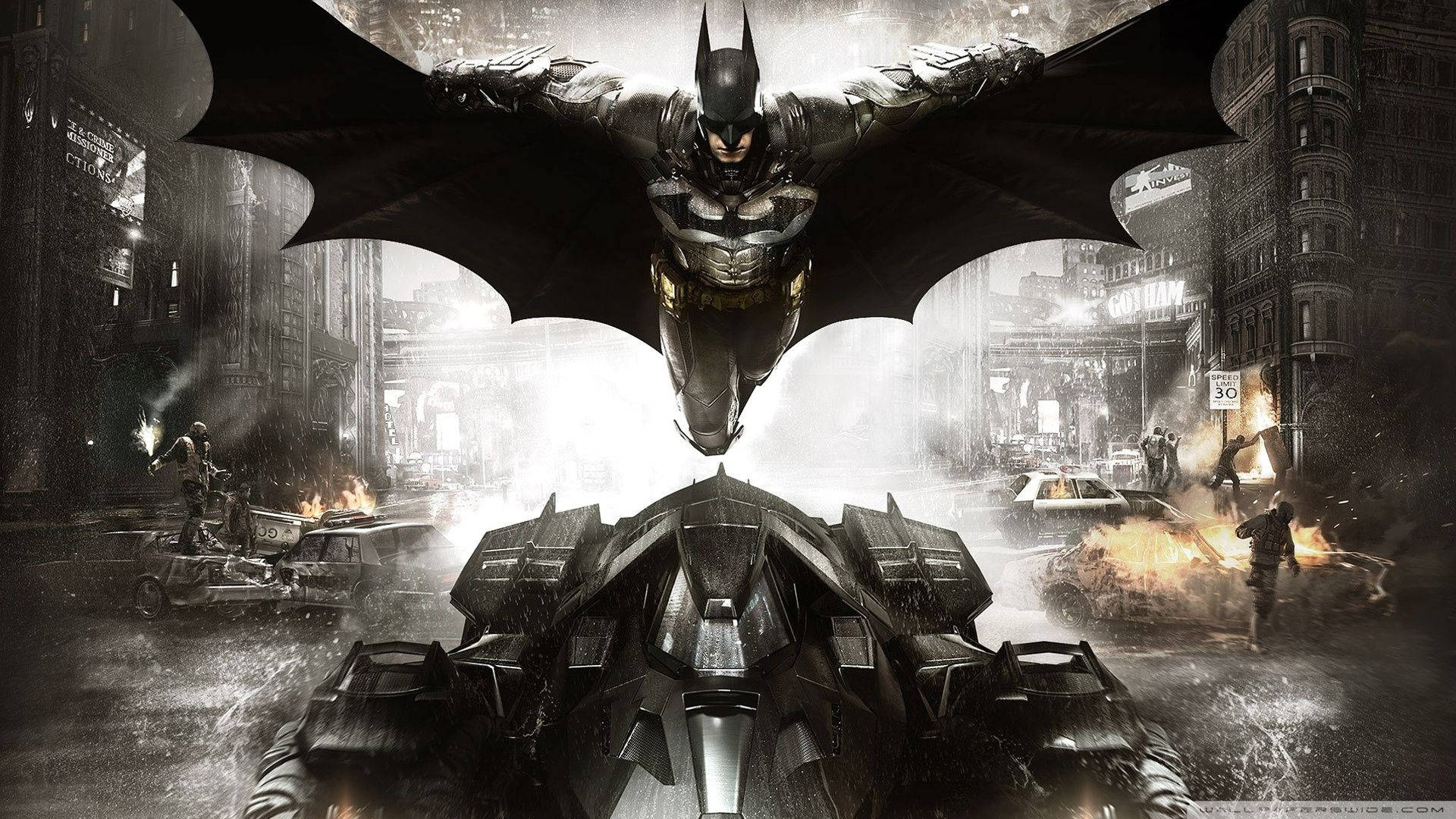 Download Batman Flying Over Batmobile Wallpaper