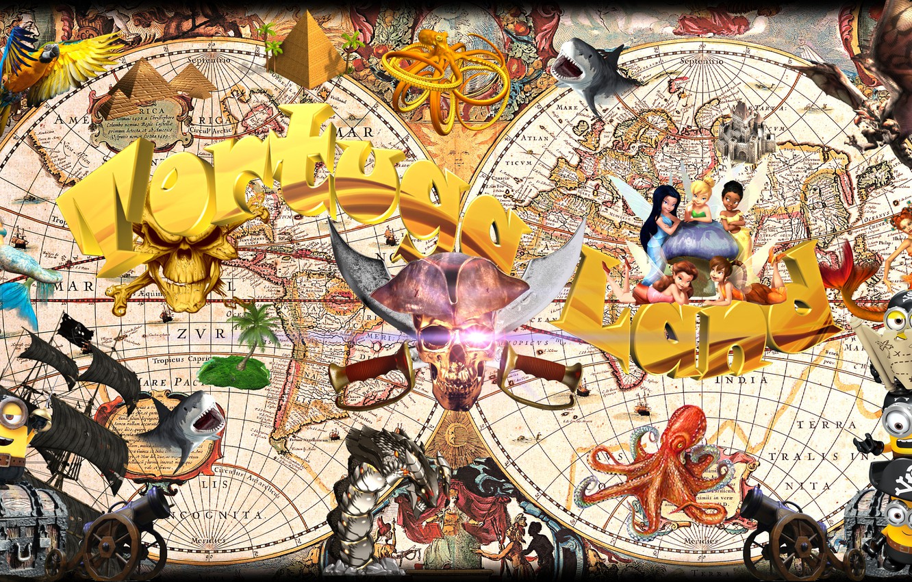 Wallpaper children, palm trees, castle, fiction, dragon, ship, island, skull, map, tale, positive, parrot, pirates, pyramid, gun, chest image for desktop, section фильмы