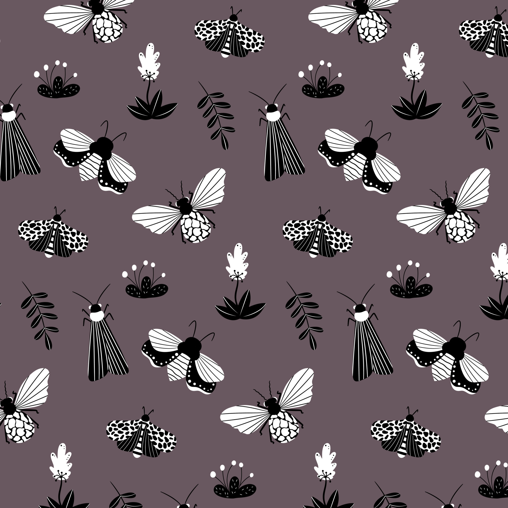 Seamless pattern with black and white butterflies, moths, dragonflies and botanical elements. Vector pattern in cartoon style. For clothing, fabric, wallpaper and all prints on a white background Vector Art
